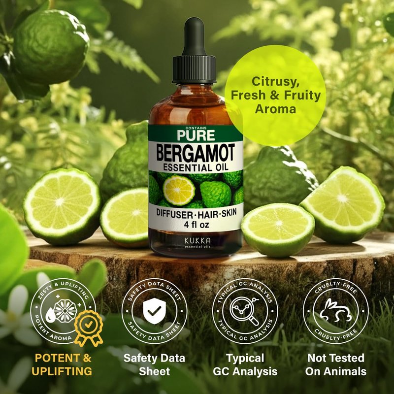 100% Pure Bergamot Oil - 4 Fl Oz Bergamot Essential Oil for Hair, Skin, Diffuser, Aromatherapy & DIY Soap Making Scent