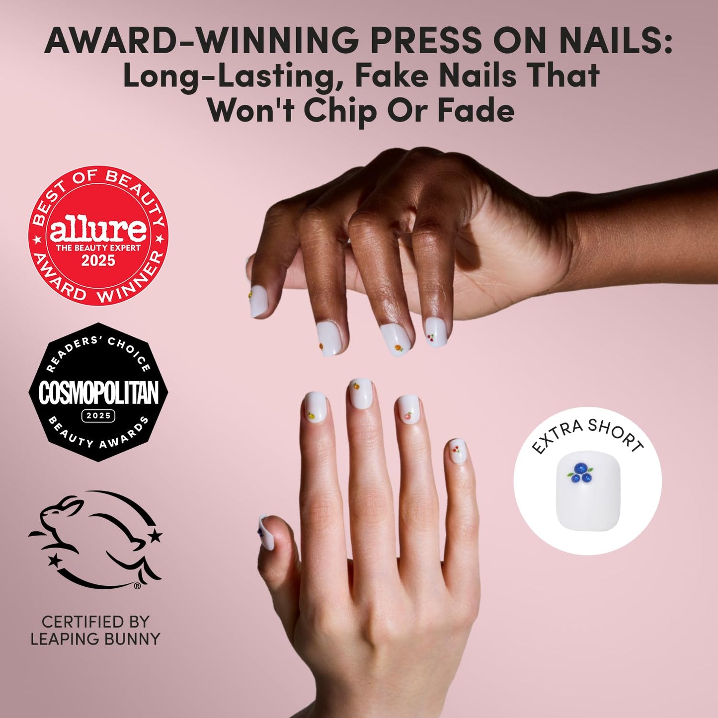 Glamnetic Press On Nails - White Extra Short 3D Fruit Nails | Salon Quality Summer Style | 30 Nail Kit with Glue