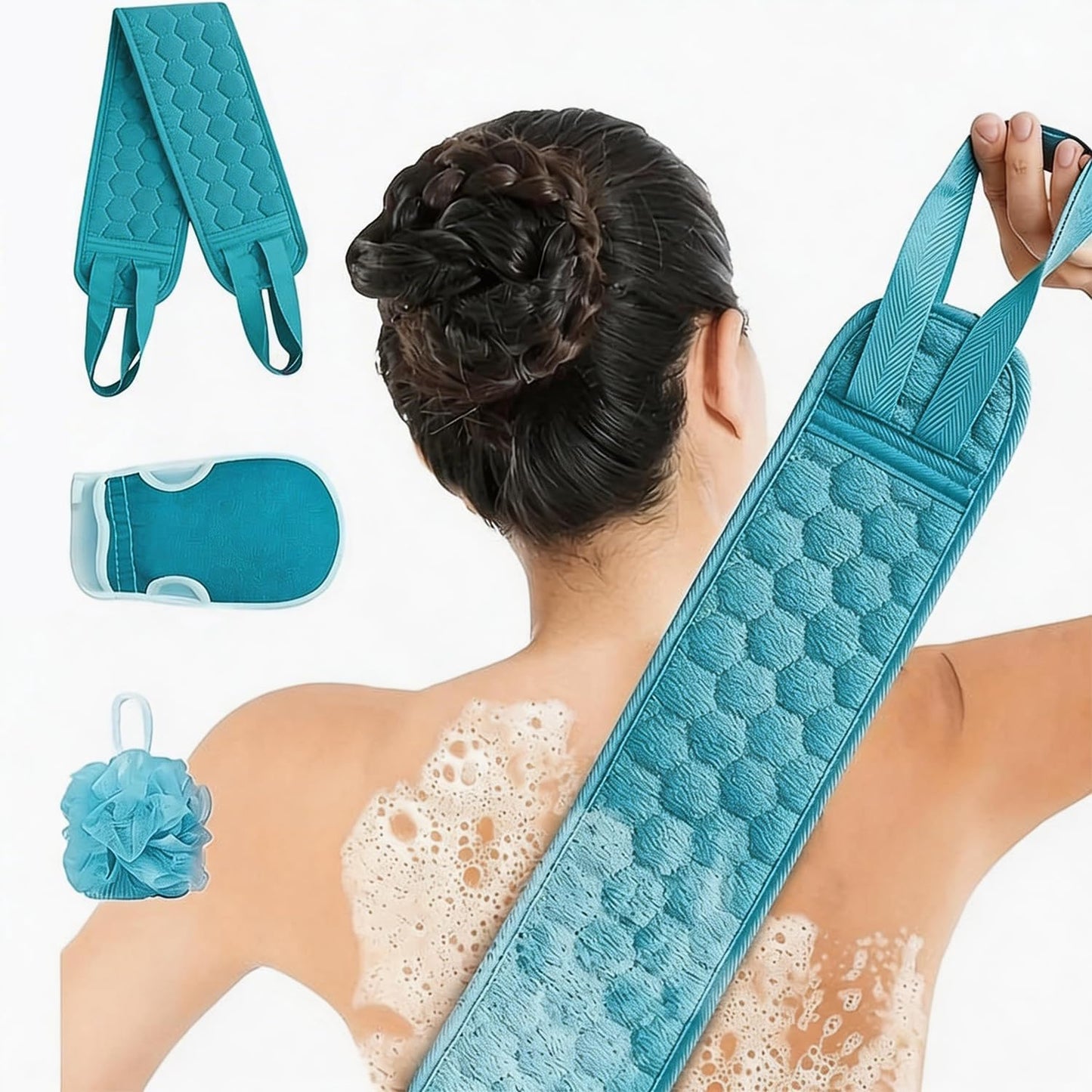Exfoliating Body Scrubber Set - Extra Thick Back Scrubber & Dual-Sided Bath Gloves | Deep Cleansing Loofah Sponge