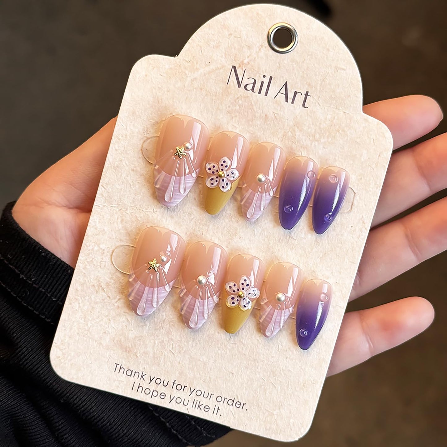Summer Beach Press-On Nails - 24Pcs Medium Almond Purple French Tip with Starfish & Seashell Design | Floral Acrylic Full Cover