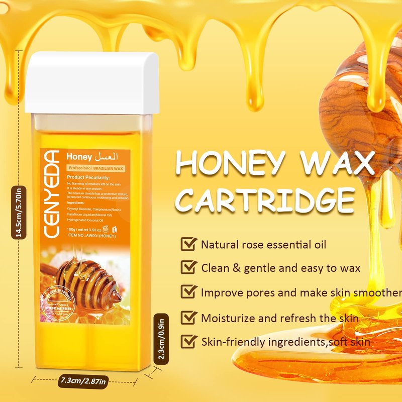 CENYEDA Roll On Wax Kit - Hair Removal Cartridges, 4 Pack Honey Rollers With 50 Strips and 20 After-Wax Treatment Wipes