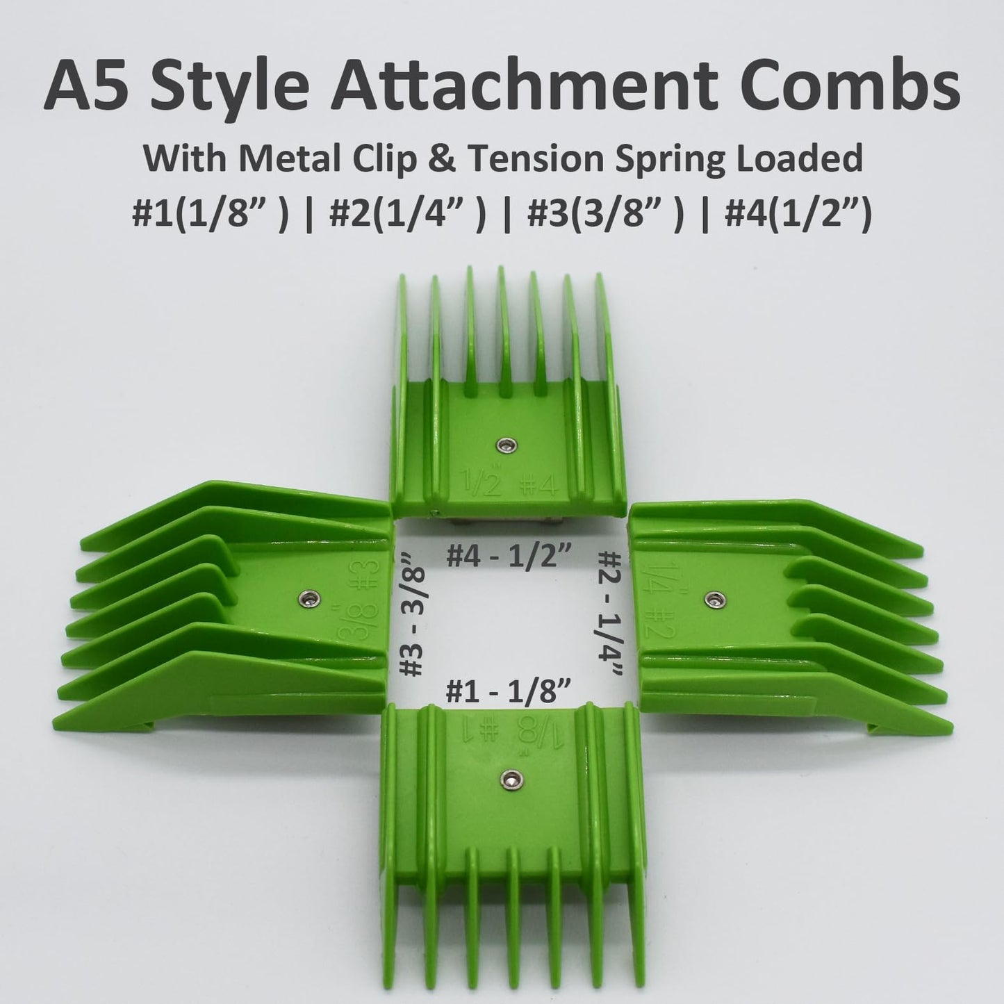 Professional A5 Animal Clipper Attachment Guard Guide Combs Set, 1/8" 1/4" 3/8" 1/2" Compatible with Andis AG BG, Oster Classic 76 Golden A5, Wahl KM Series Pet Groomer Horse Clipper Models (Green)