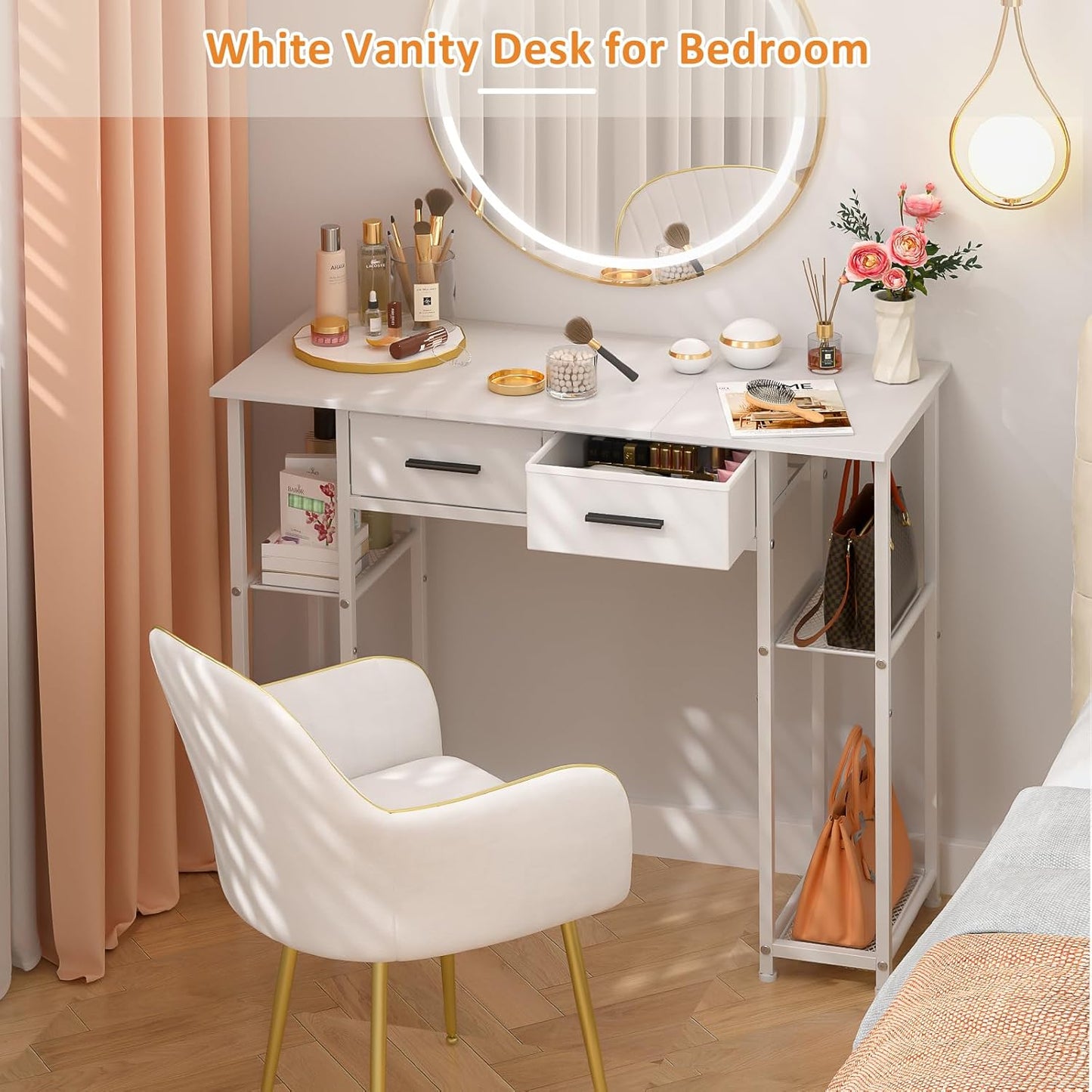 White Computer Desk with Drawers - 37.3 Inch Home Office Workstation | Compact Study Table for Small Spaces