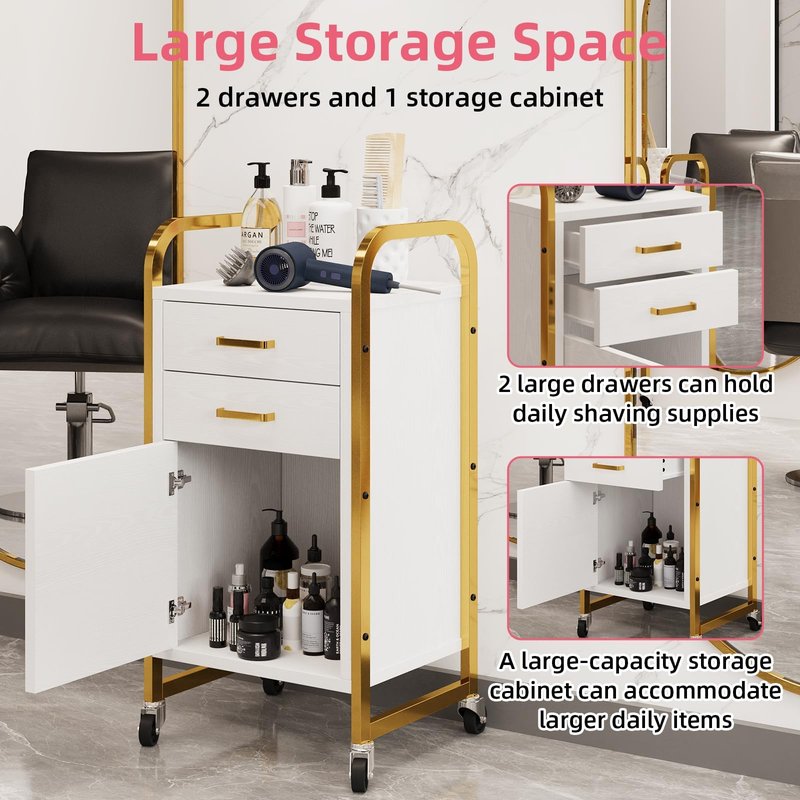4ever2buy Salon Station for Hair Stylist, Rolling Salon Trolley Cart with Wheels, Beauty Barber Station with 2 Drawer & Cabinet, Mobile Storage Cabinet for Barbershop, Spa&Tattoo, White and Gold