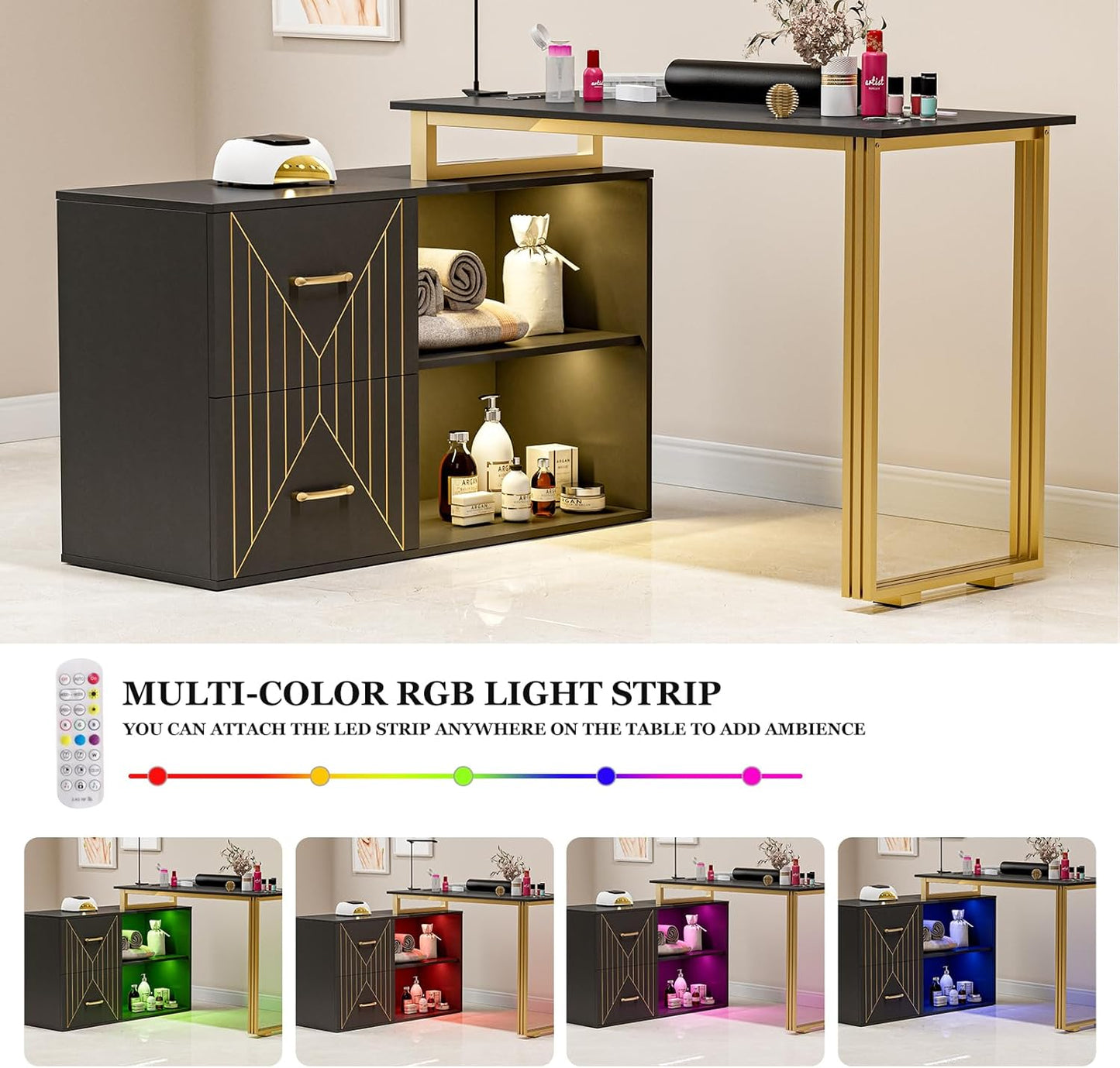 Manicure Table for Nail Tech - Corner Nail Desk with Wrist Cushion, 2 Drawers & LED Lights | Black