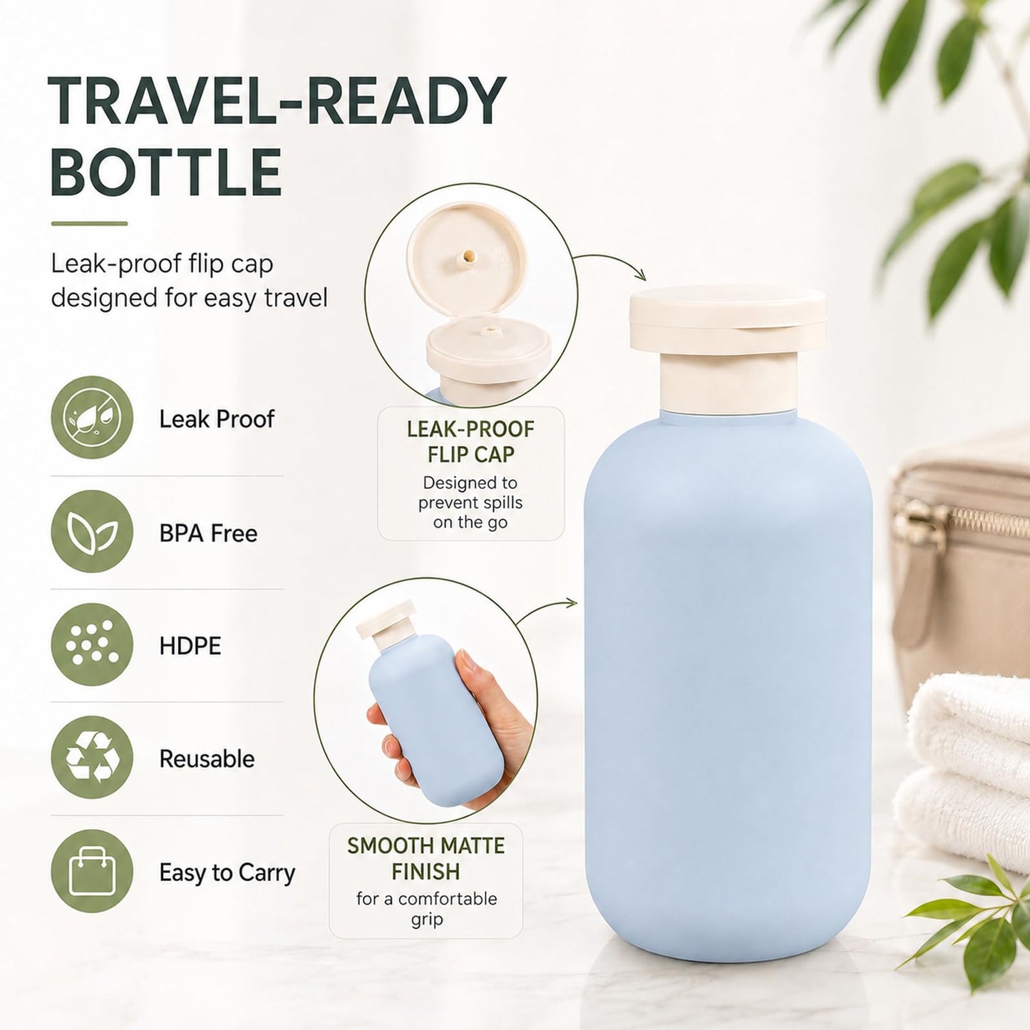 METAPACK 4Pack 6.8oz Travel Shampoo Bottles with Labels, Refillable Travel Bottles, Flip Top Squeeze Bottles, Portable Plastic Toiletry Containers for Lotion, Conditioner & Body Wash(grey, blue)