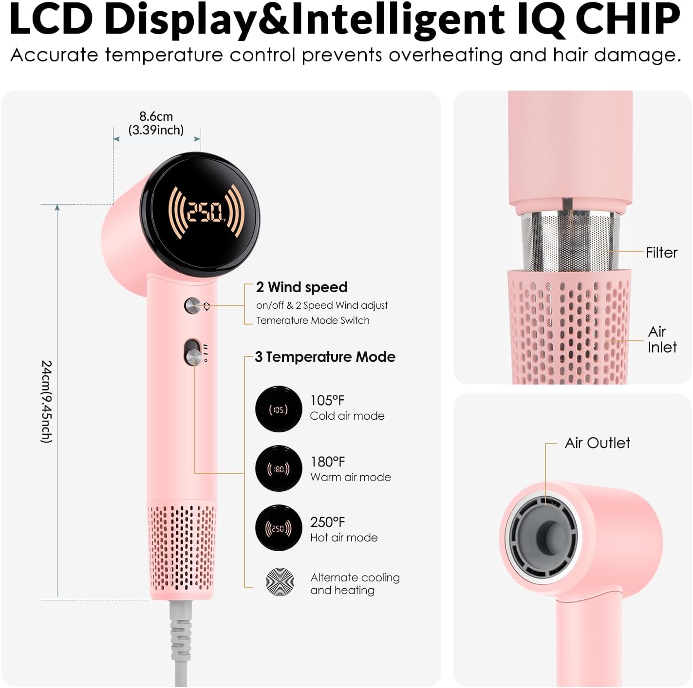 Chignon Ionic Travel Hair Dryer - 1600W Fast Drying Blow Dryer with Diffuser | Lightweight Pink Design