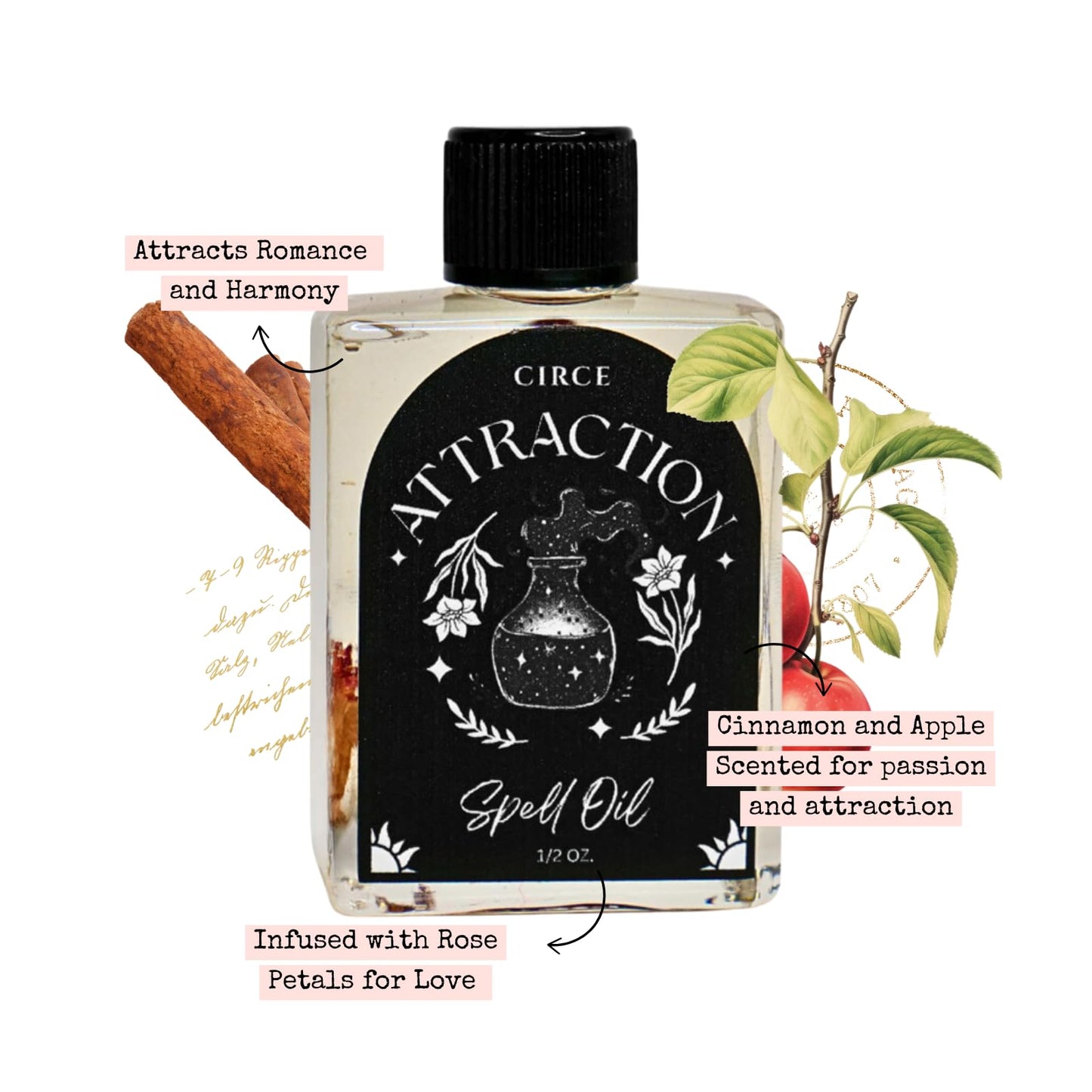 CIRCE Attraction Spell Oil - Enhance Magnetic Energy, Invite Positivity & Love - Add to Bath, Use in Rituals, Wear as Fragrance to Align w/Desires - Rose Petals, Cinnamon Chips & Grapeseed Oil- 1/2oz