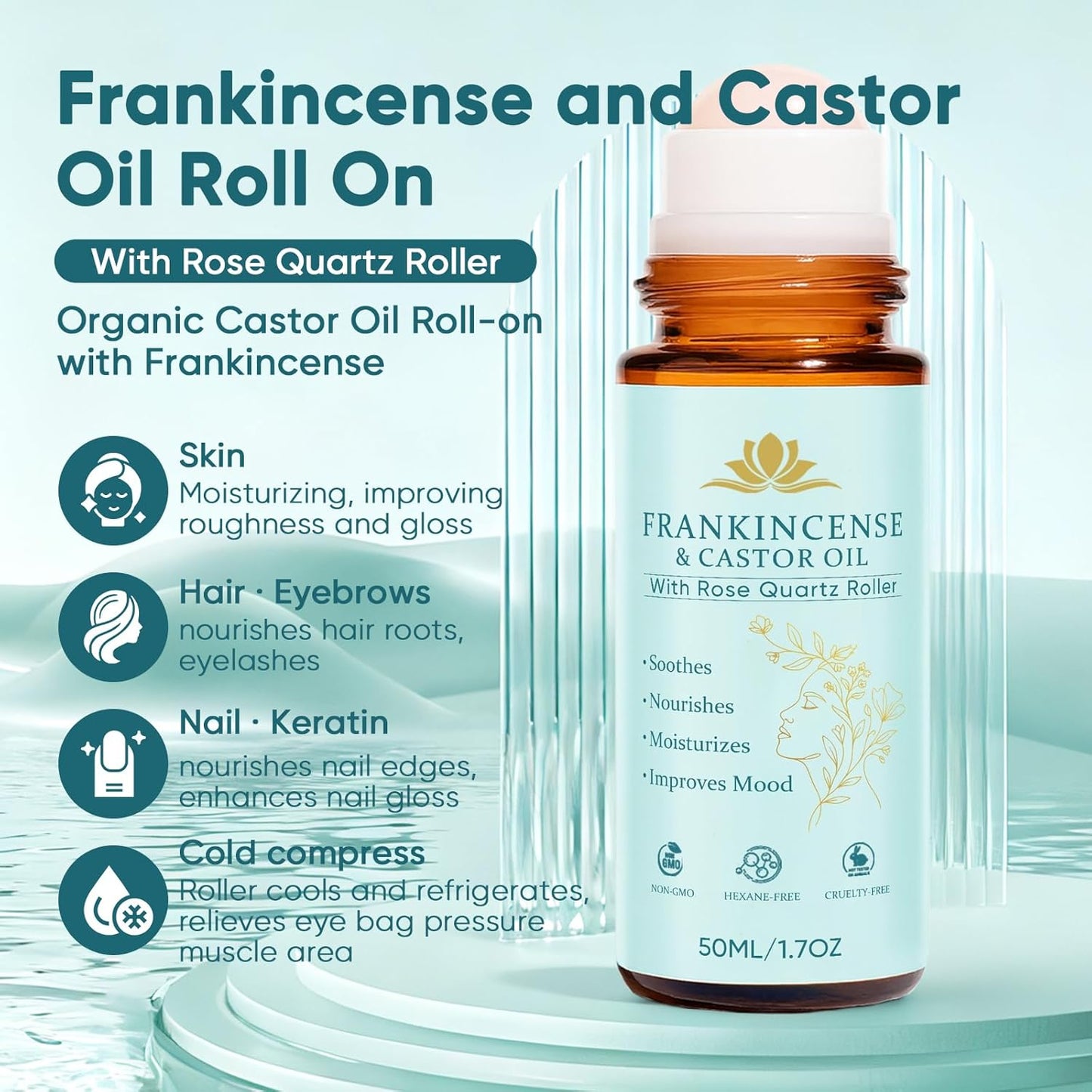 Organic Frankincense & Castor Oil Roller Ball - 100% Pure Cold-Pressed | Firms Skin & Reduces Fine Lines - 50ML/1.7OZ