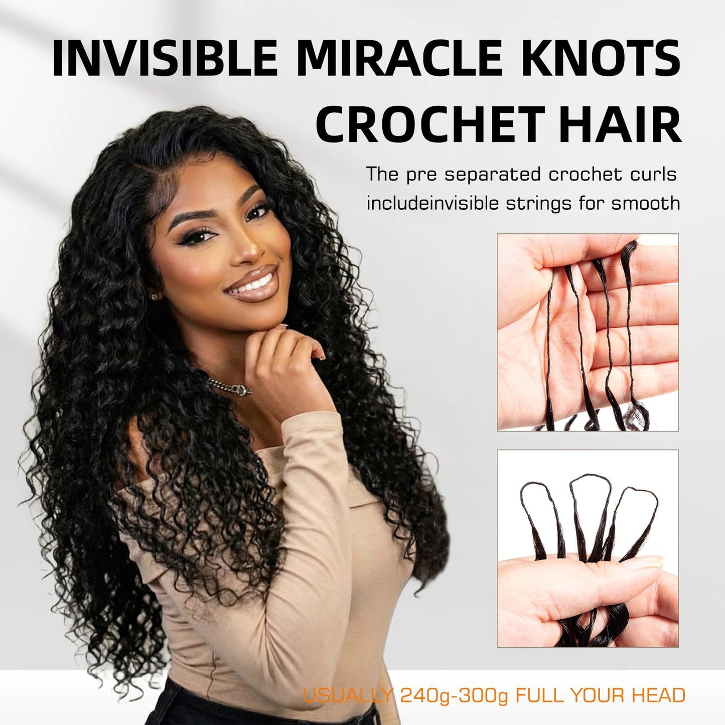 Burmese Curly Human Hair Crochet Bundles - 16 Inch 120g Knotless Pre-Separated Water Curly Extensions | Natural Black Color
