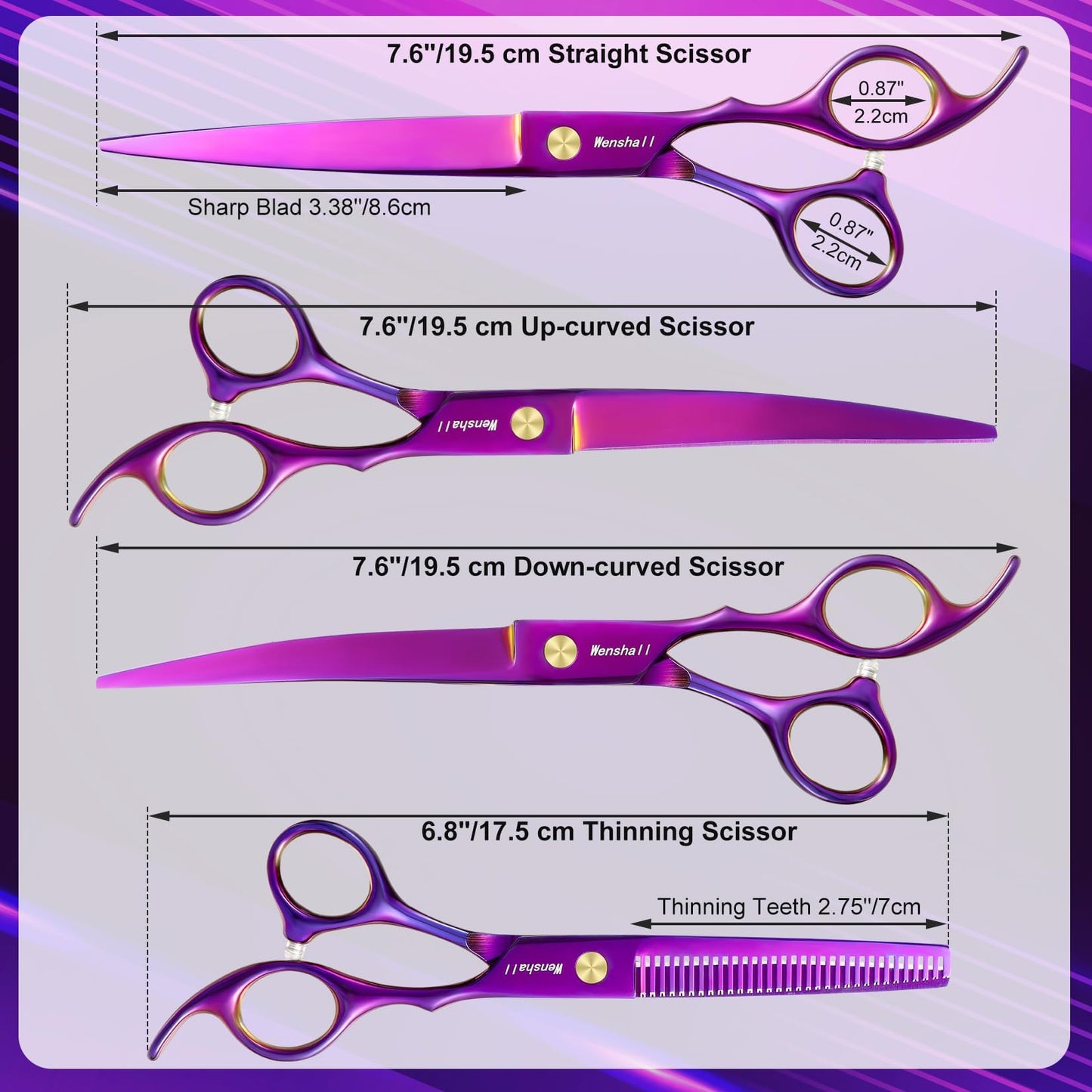 Wenshall Professional Dog Grooming Scissors Set, 7.0 Inch Titanium Straight & Thinning & Curved scissors and Comb for Dog grooming (Purple)