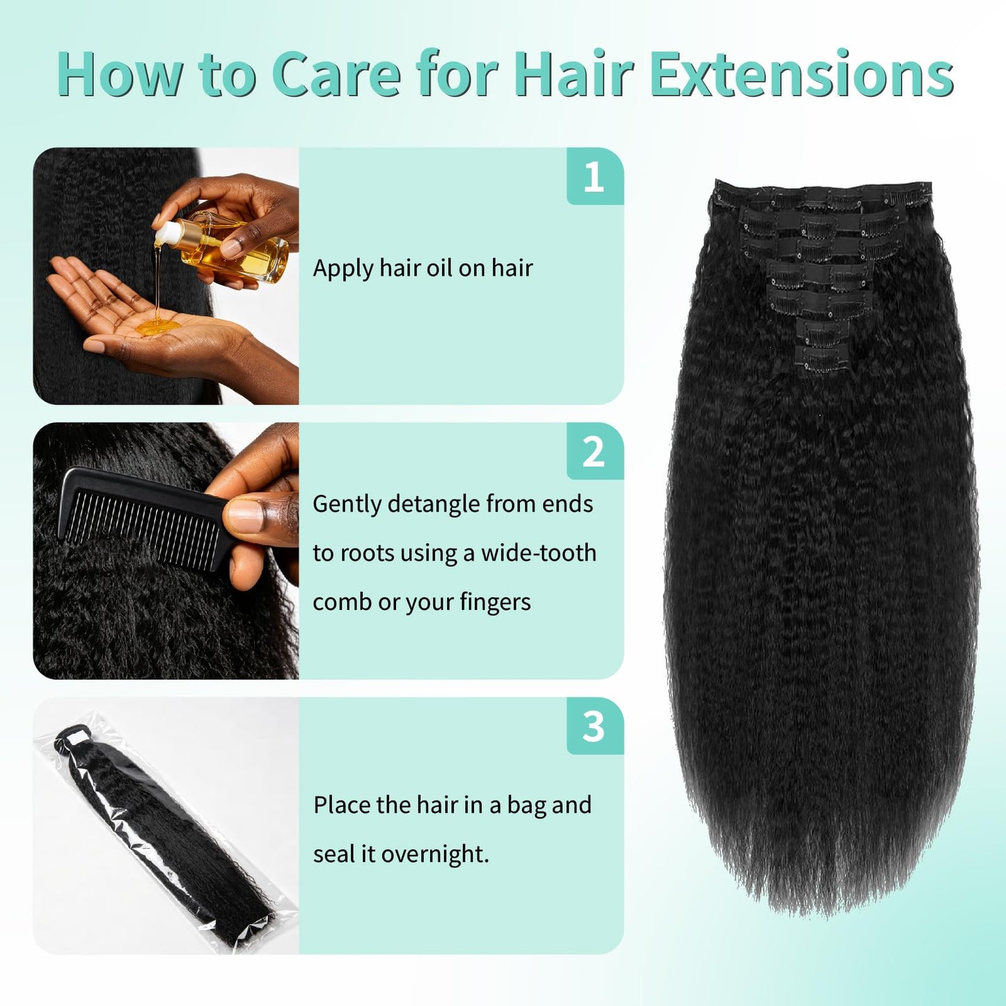 EclatWigs Human Hair Clip in Extensions, 7 Pcs Kinky Straight Hair 120g, 18 Inch Natural Black, Clip in Hair Extensions, Brazilian Remy Hair Extensions for Women