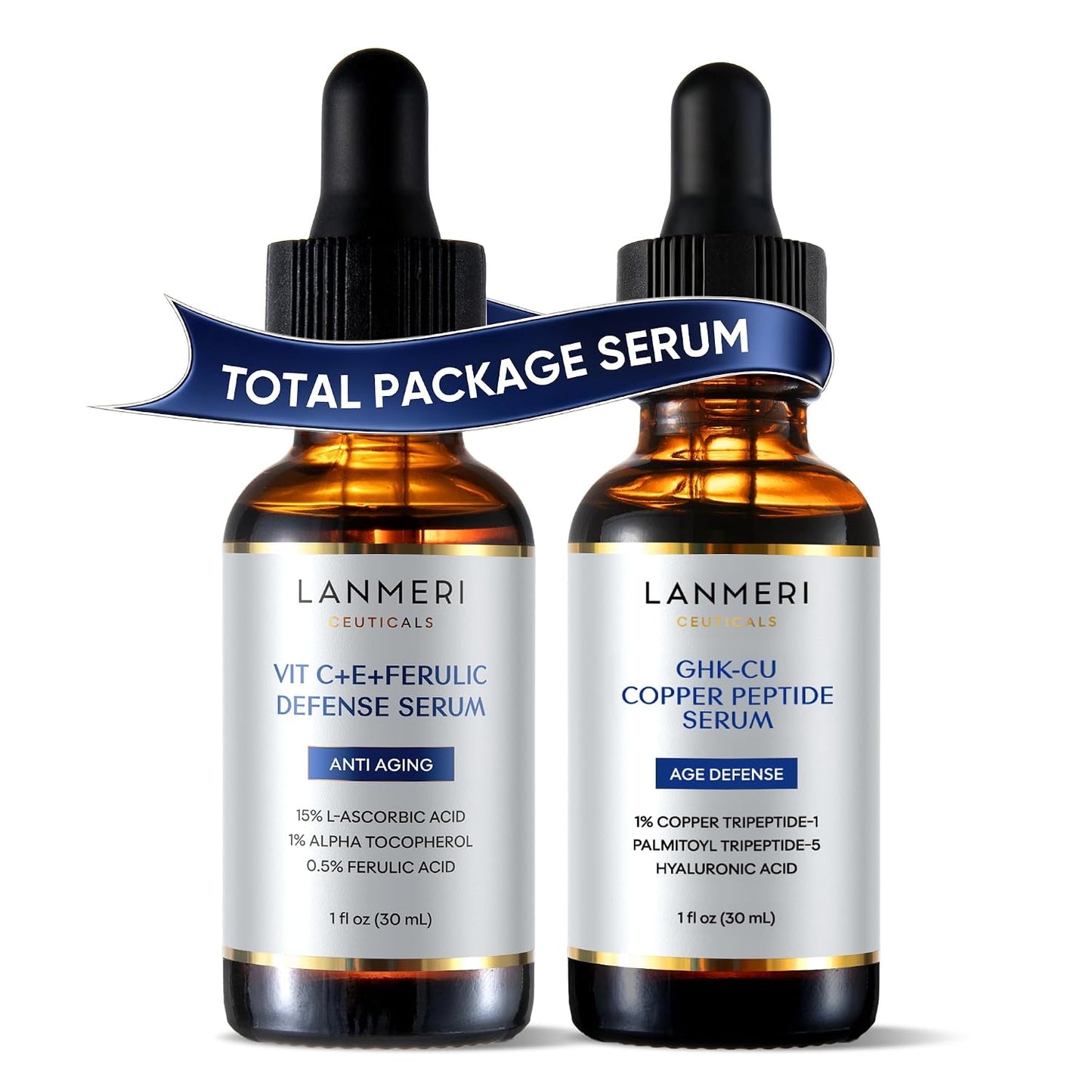 Total Package Serum System - Day & Night Anti-Aging Skincare with CE Ferulic Vitamin C & GHK-Cu Copper Peptide - Brightening & Firming | Dual Bottle 2 x 30 mL