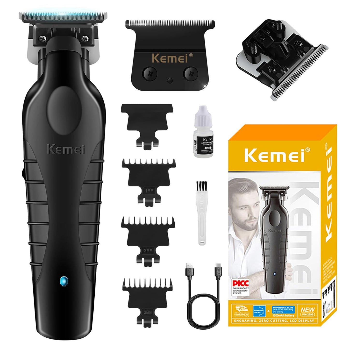KEMEI KM-2299 Professional Hair Trimmer for Men Cordless Hair Clipper, Zero Gap T Blade Beard Trimmers, Rechargeable Barber Clippers, with KM-2299 Replacement Blade