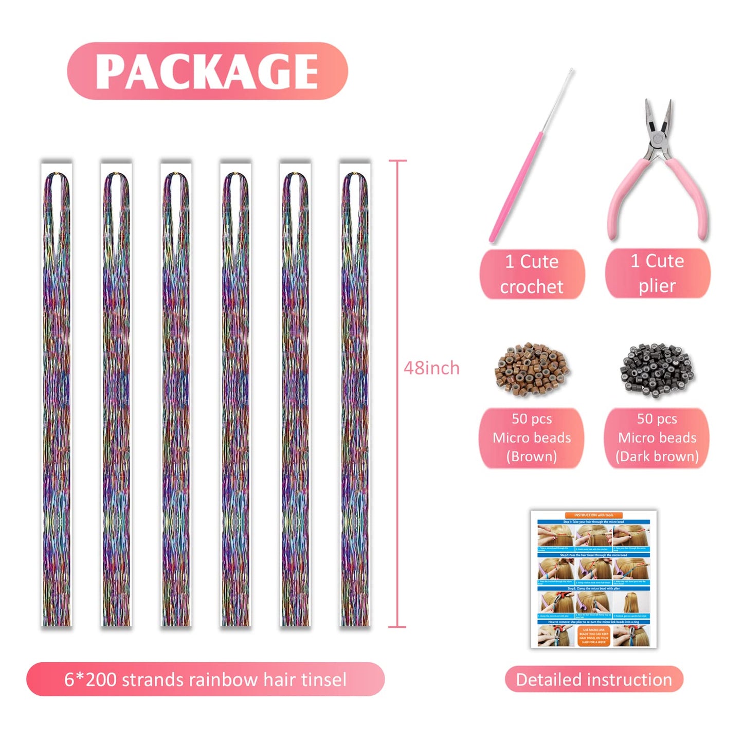 Rainbow Hair Tinsel Kit with Tools and Instruction Easy to Use 1200 Strands 48 Inches Glitter Tinsel Hair Extensions for Women and Girls, Sparkling Shinny Fairy Hair Accessories for Christmas New Year Halloween Cosplay Party