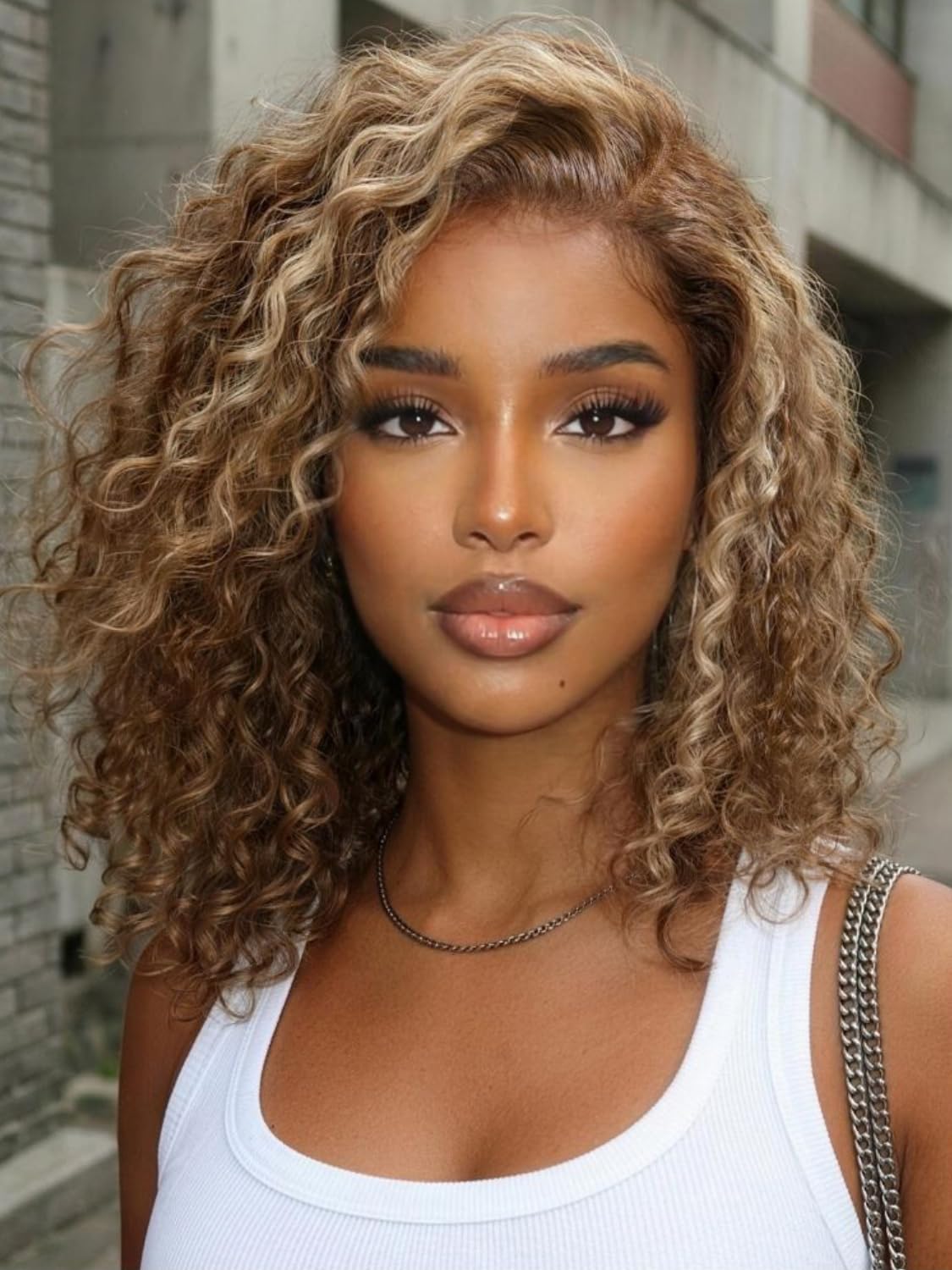 UNICE Glueless Curly Bob Wig Human Hair, Honey Blonde Highlight Side Part Short Bob Wig, 7x5 Lace Front Wig Pre Plucked Bleached Knots, Drawstring Wig Ready to Go, 180% Density 12 Inch