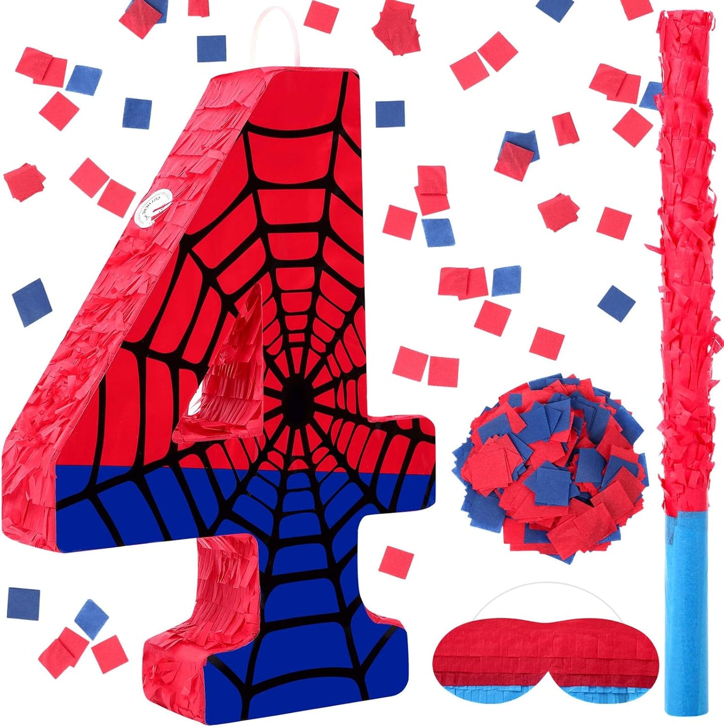 Spider Web Piñata Bundle - Number 4 Piñata for Kids Birthday Party | Red & Blue, 15.75 x 11 x 2.8 In