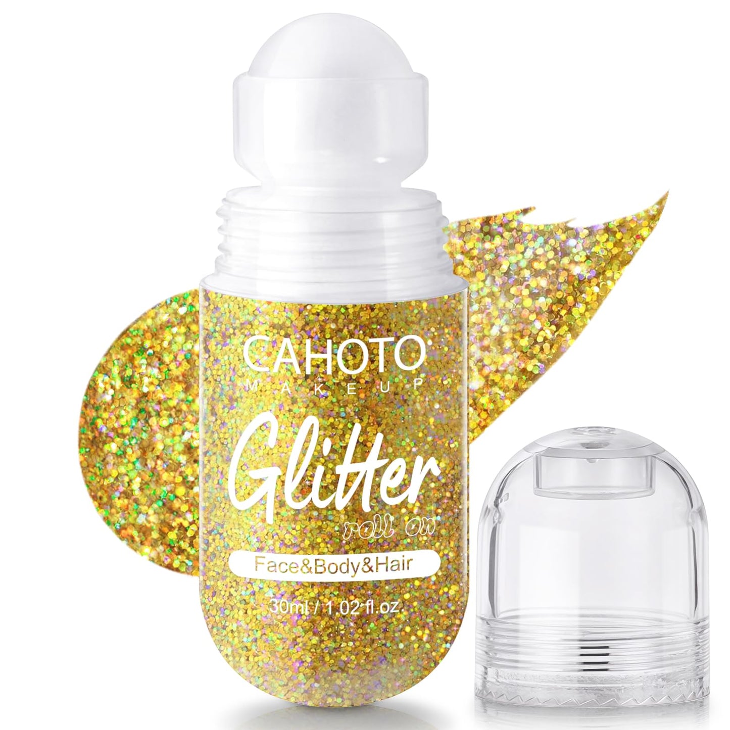 CAHOTO Gold Roll-on Glitter for Face Body and Hair, Mermaid Sparkling Holographic Shimmer, Chameleon Color Rolling Sequins for Concerts Mardi Gras Rave Festival Halloween Party Carnival, 1.02fl.oz