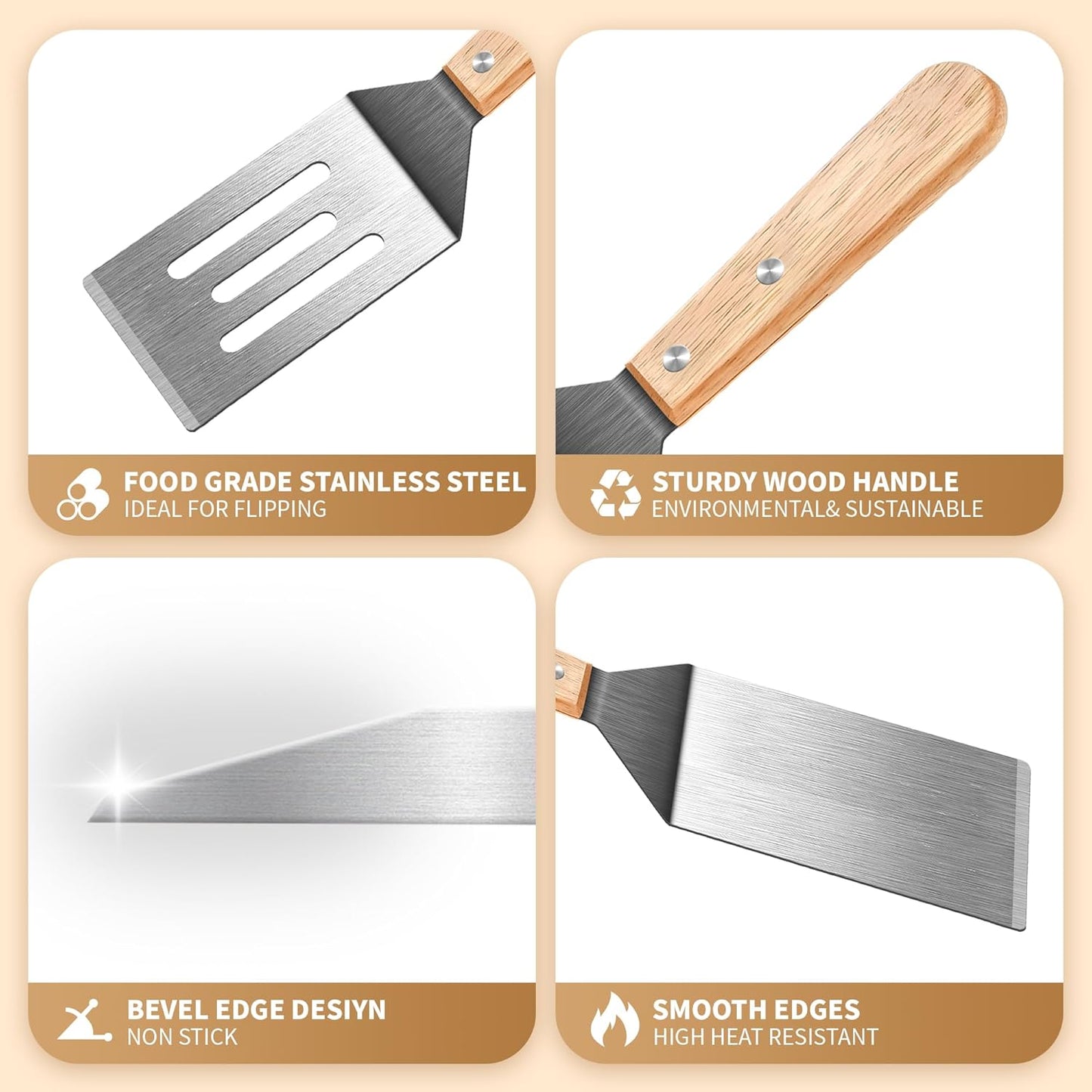 Stainless Steel Spatula Set - 2 Metal Spatulas with Wooden Handles for Cast Iron | Ideal for Frying Steak, Pancakes & More