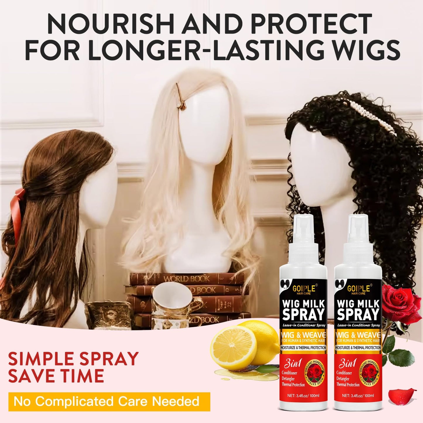 Goiple 2PCS Synthetic Wig Milk Spray, Heat Thermal Leave-In Conditioner Wig Detangler Spray for Human Wigs, Conditioner ＆ Detangler 3 in 1 Moisturizer, Synthetic Hair Wigs Easy Combing
