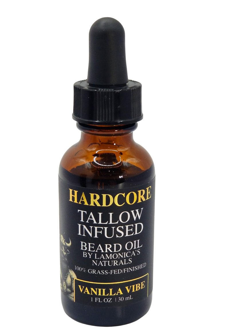 LAMONICA'S NATURALS Beard Oil for Men –TALLOW-INFUSED, Softens & Moisturizes Beard – Organic Sanadalwood + USDA Vanilla Scent – Veteran-Owned Grooming – HARDCORE