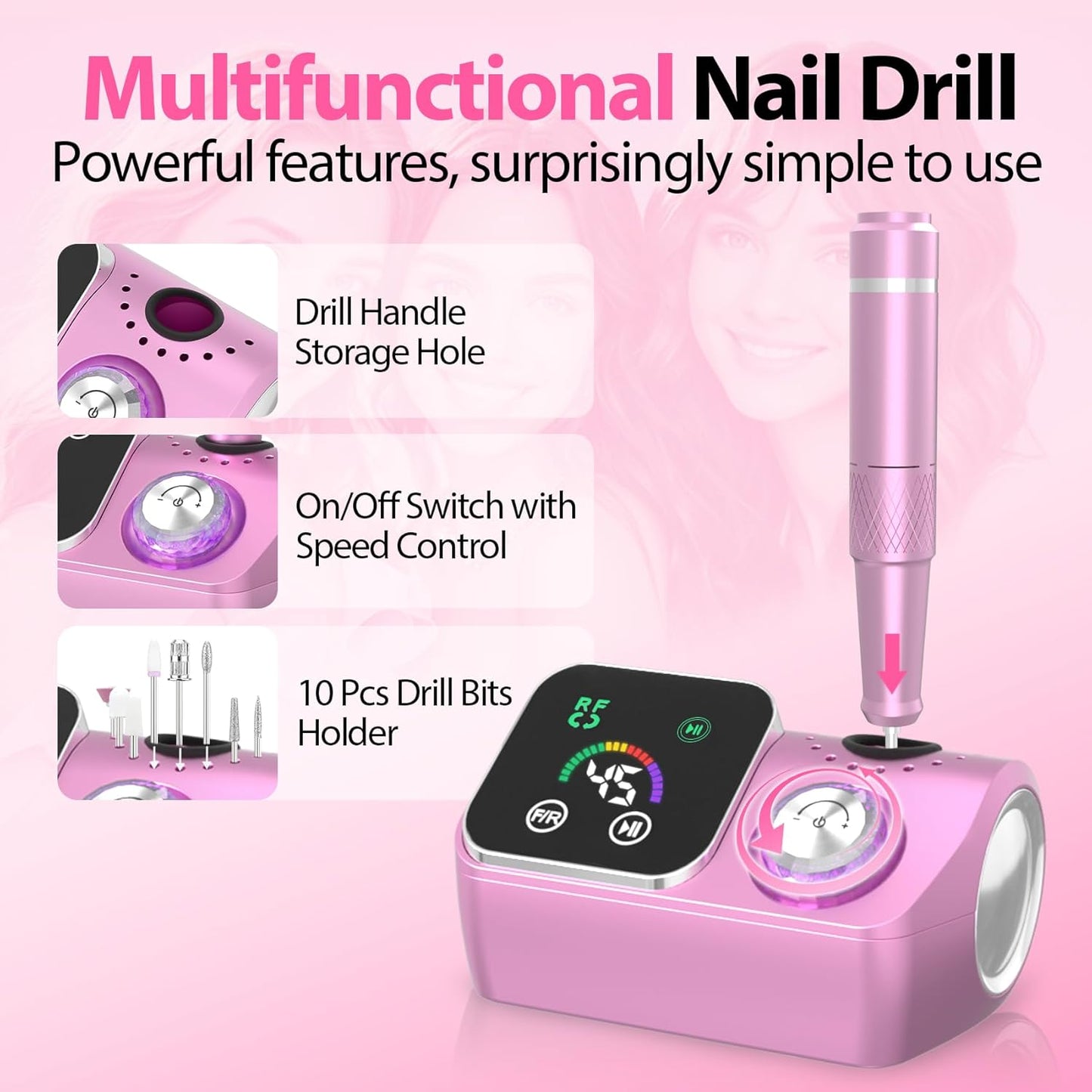 Electric Nail Drill E-File Machine - 45,000 RPM Corded Kit with Low Noise & LED Display for Acrylic Gel Nails | Salon & Home Use