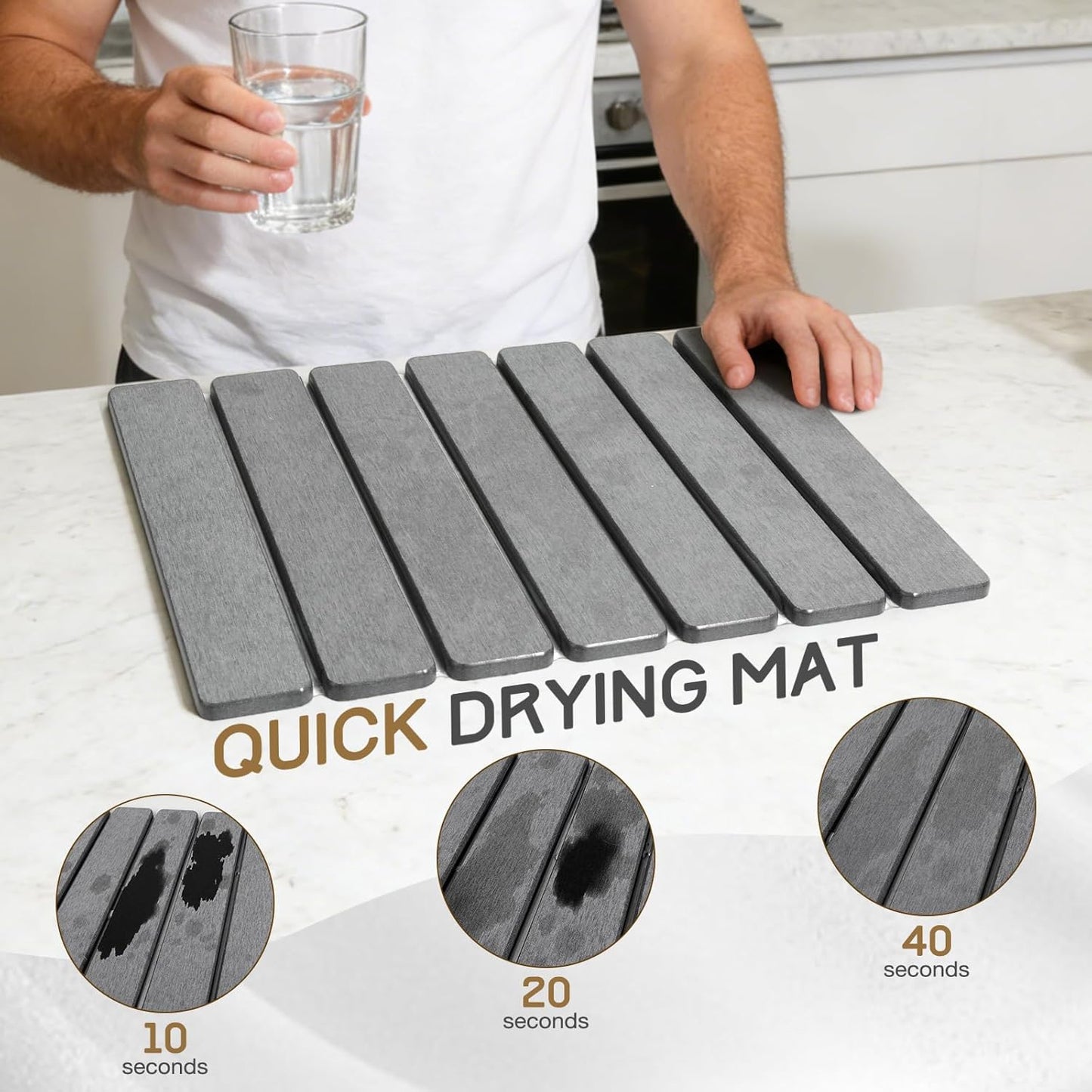 Stone Drying Mat - Quick Dry Diatomaceous Earth Dish Mat for Kitchen | 16" x 12" Foldable Pad