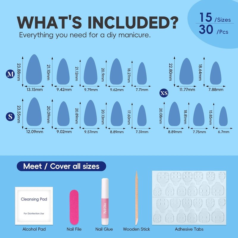 Cute Summer Press-On Nails - Short Almond Blue & White French Tip with 3D Flower & Gold Starfish Design | 30 Pcs