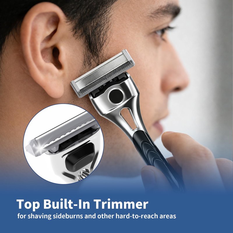 FYNEDGE Professional 6-Blade Men's Razor with Lubricating Strip & Precision Trimmer, 45° Pivoting Head, Metal 1 Handle +2 Blade Refills, Includes Cleaning Brush & Wall Mount