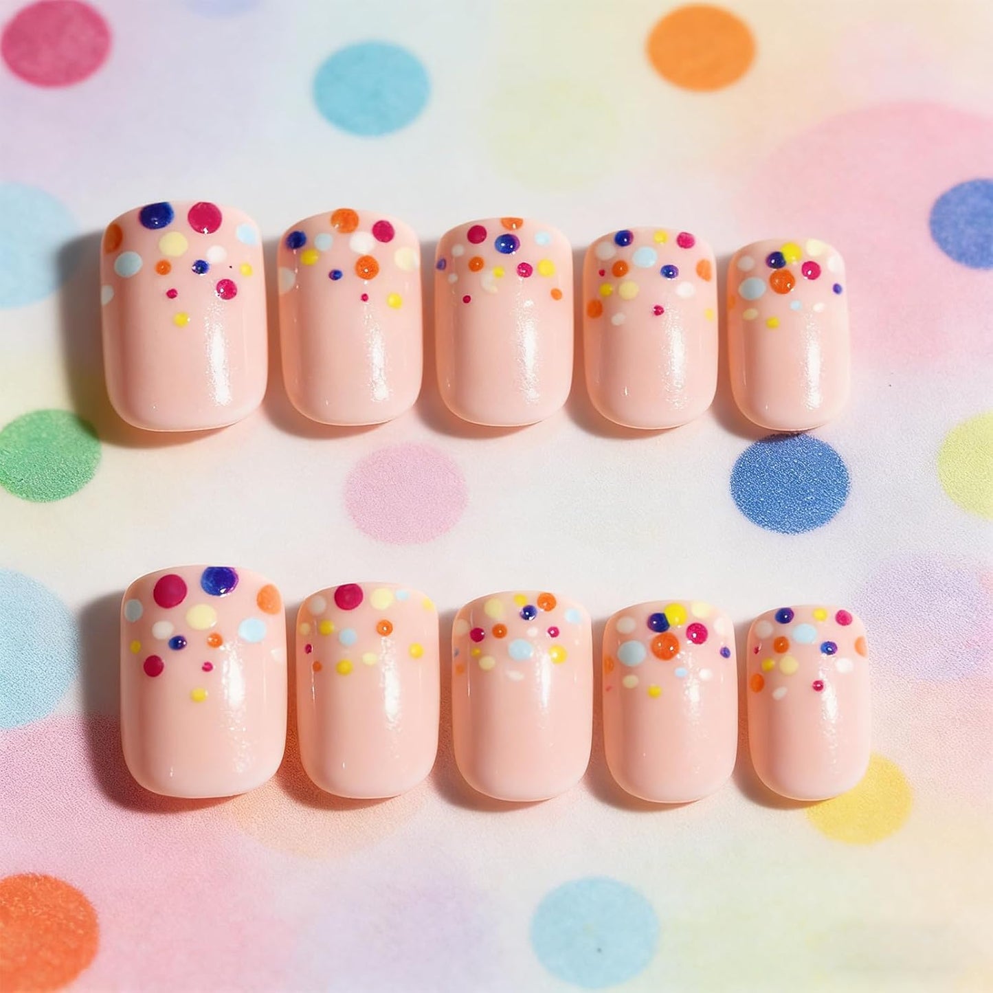 Colorful Polka Dot Press-On Nails - Short Square Acrylic Fake Nails | Glossy Full Cover, 24 Pcs