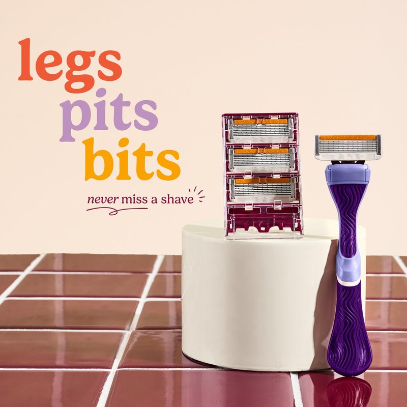 Dollar Shave Club for Women | 1 Purple Wavy Grip Handle, 4 Razor Refills, 1 Shower Hanger | Razors for Women, Womens Razors for Shaving