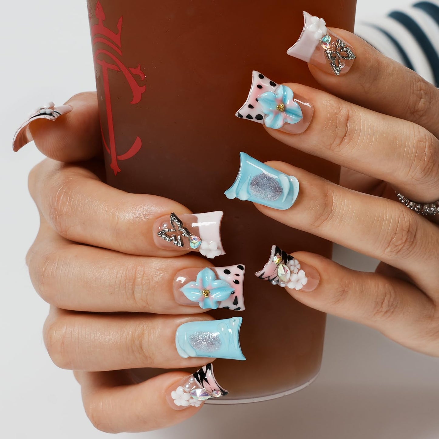 Tesytto Short Duck Press on Nails - 3D Floral Metallic Butterflies False Nails with Pink French Tip & Leopard Print, Pearls Star Luxury Design, Summer Reusable Acrylic Nails (Dance Passion,S)
