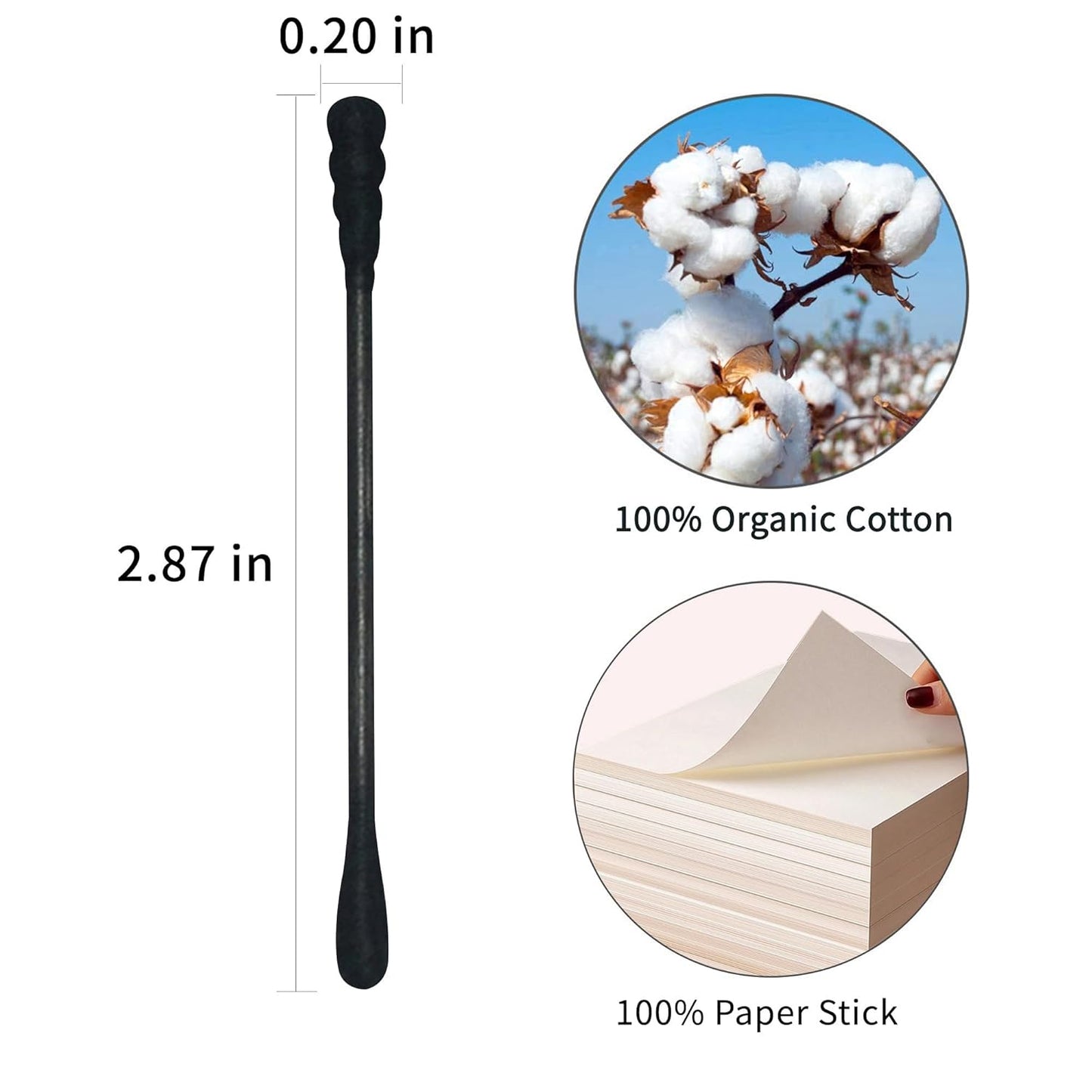 Black Cotton Swabs - 200 Count Organic Spiral Cotton Buds | Soft, Lint-Free Charcoal Tips