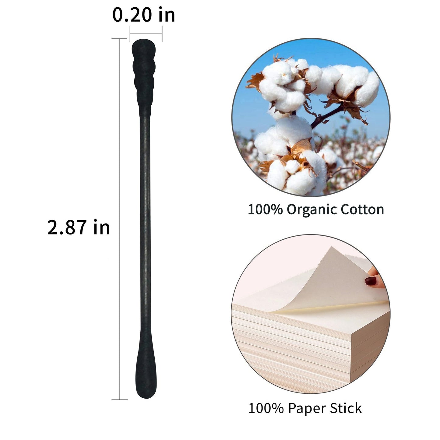 HOMEFOX Black Cotton Swabs Spiral - 600 Count Organic Cotton Buds Double Side Tightly Wrapped Charcoal Cotton Tips Paper Stick Soft Gentle Lint-Free Cruelty-Free Goth Bathroom, Round & Spiral (Black)