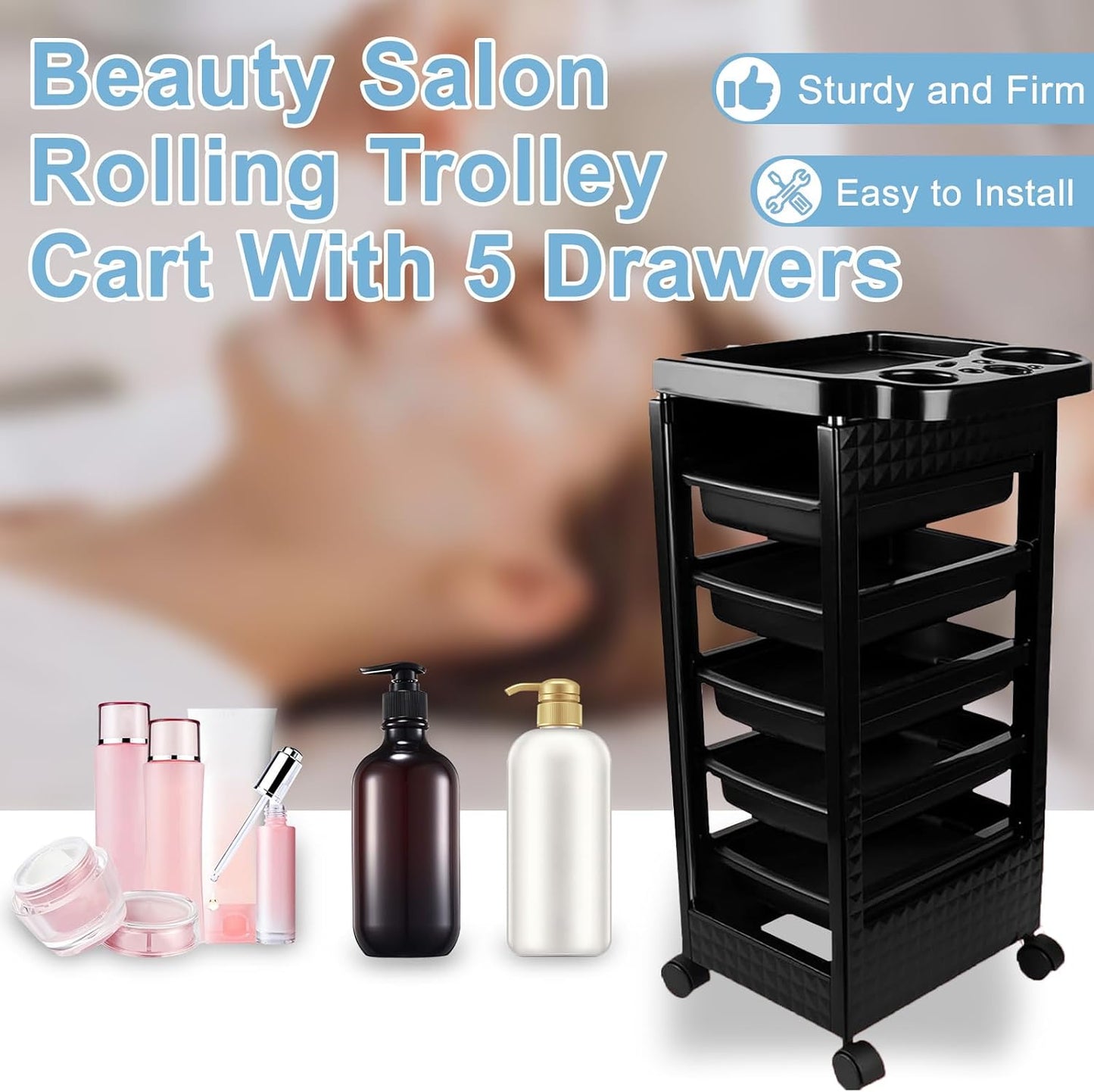 Salon Trolley Cart with Wheels - 5 Drawer Rolling Station for Hair Stylists | Black Hairdressing Equipment