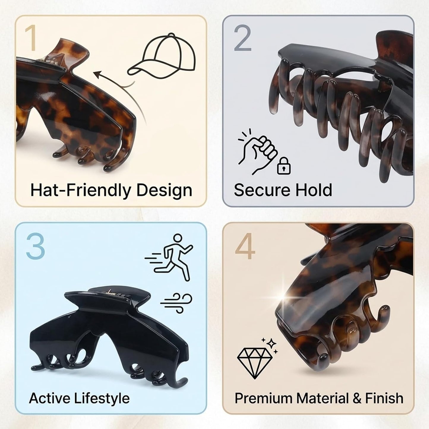 Large Baseball Hair Claw Clips - 3 Pcs Non-Slip Grip for Secure Styling | Perfect for Hats & Outdoor Activities