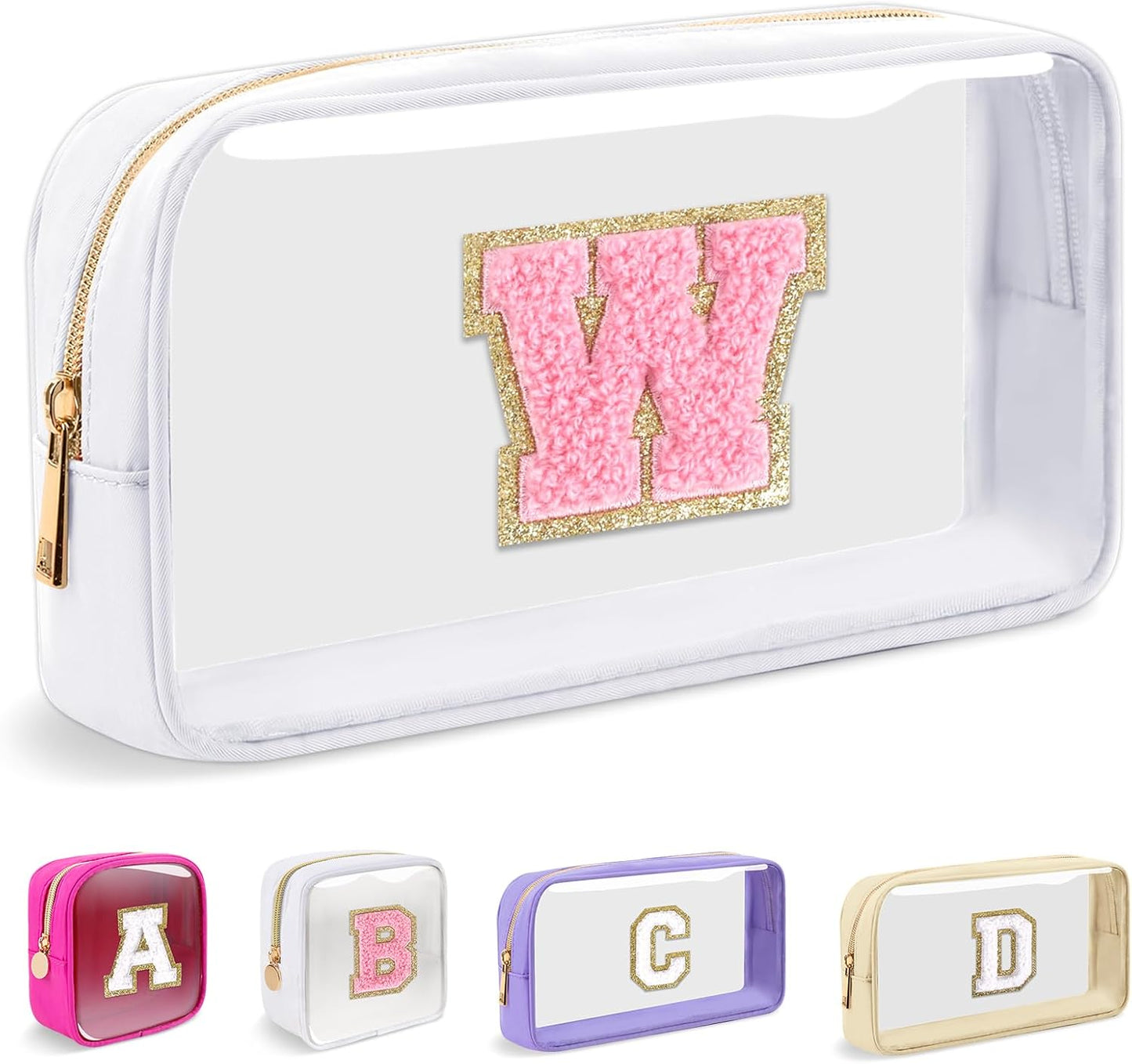 Personalized Initial Makeup Bag - Waterproof Nylon Cosmetic Pouch | A-Z Chenille Letter Patch, White-Pink G