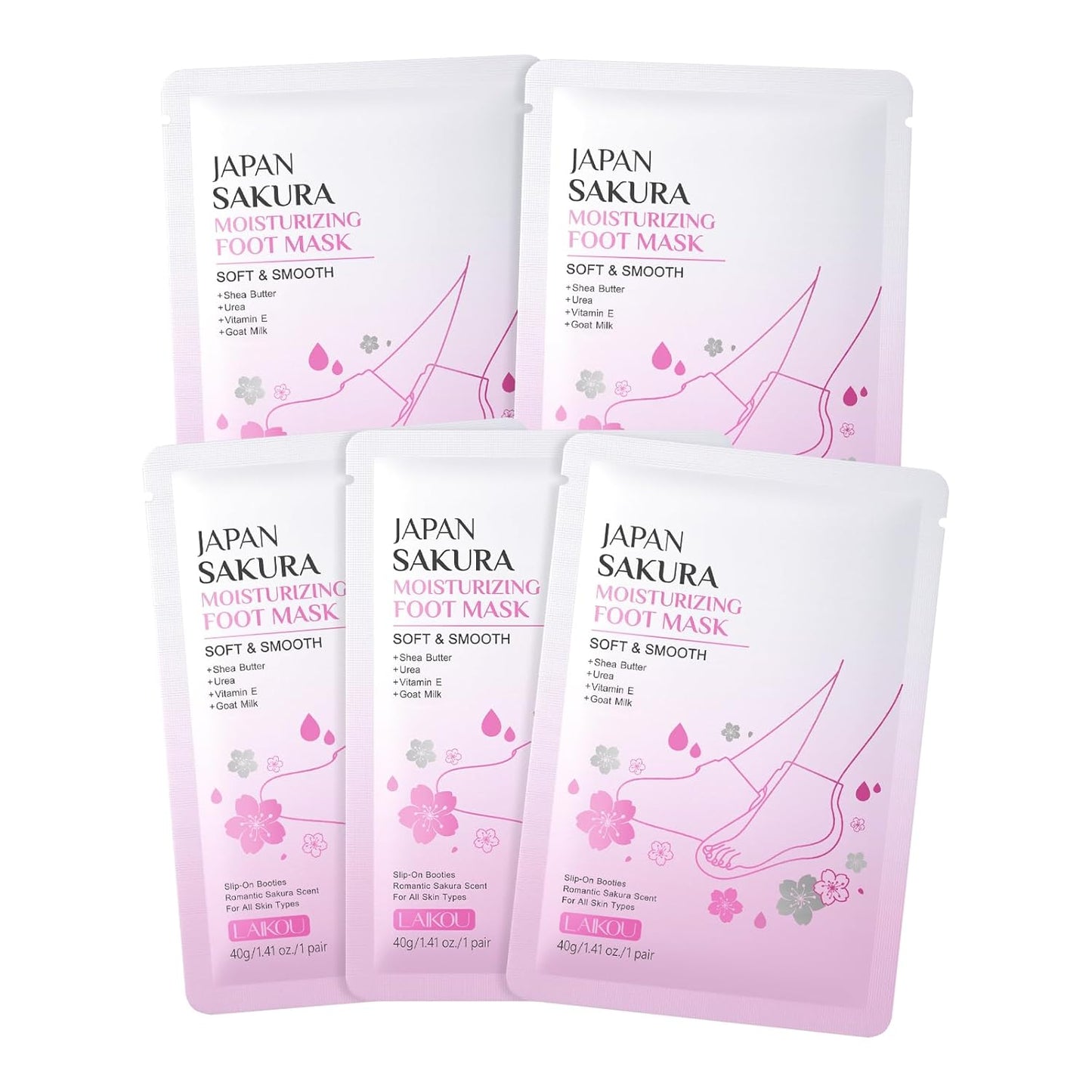 Sakura Moisturizing Foot Mask - Deep Hydration for Dry, Cracked Feet | 5 Pack of Softening Socks