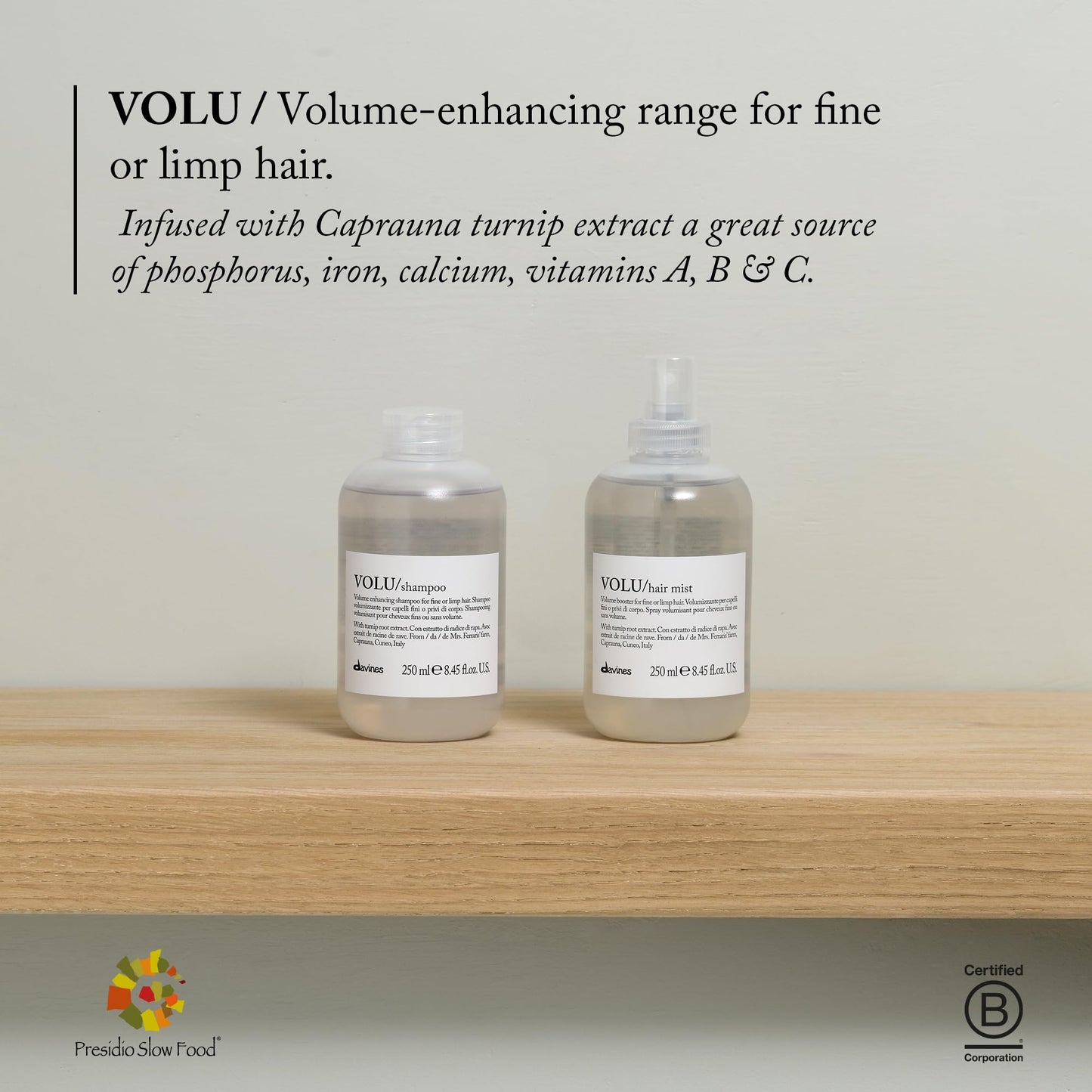 Davines VOLU Shampoo, Volumizing Gentle Cleansing Action for Fine or Limp Hair - Making it Soft and Light with a Lasting Boost of Body and Volume with Turnip Root Extract, 8.45 Fl Oz