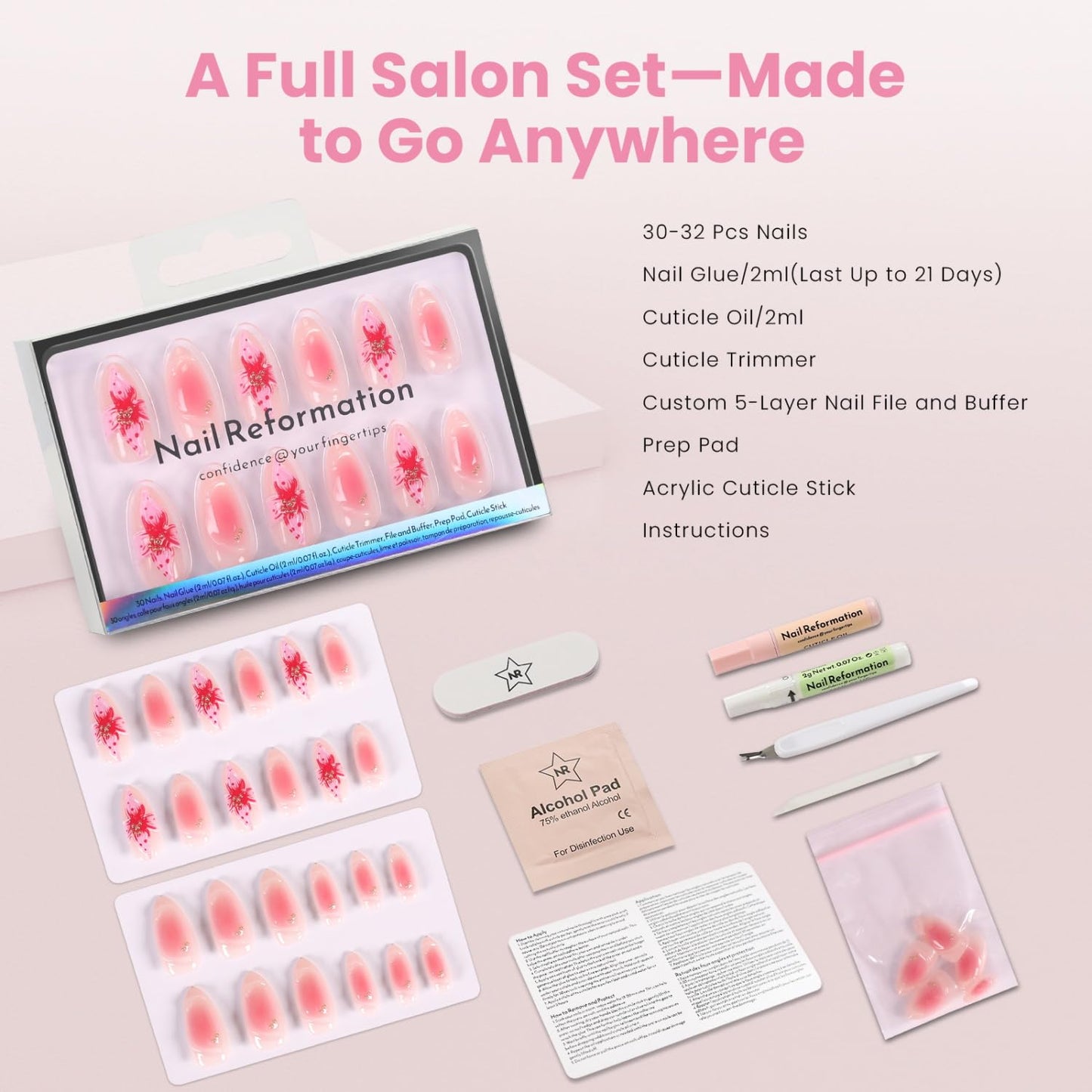Nail Reformation Press On Nails, Blushing Conch | Soft Pink Ombré Medium Almond Fake Nails with 3D Shell Accents & Gold Shimmer, Glossy Reusable Stick On Nails Kit 30 Pcs in 15 Sizes, Gifts for Women
