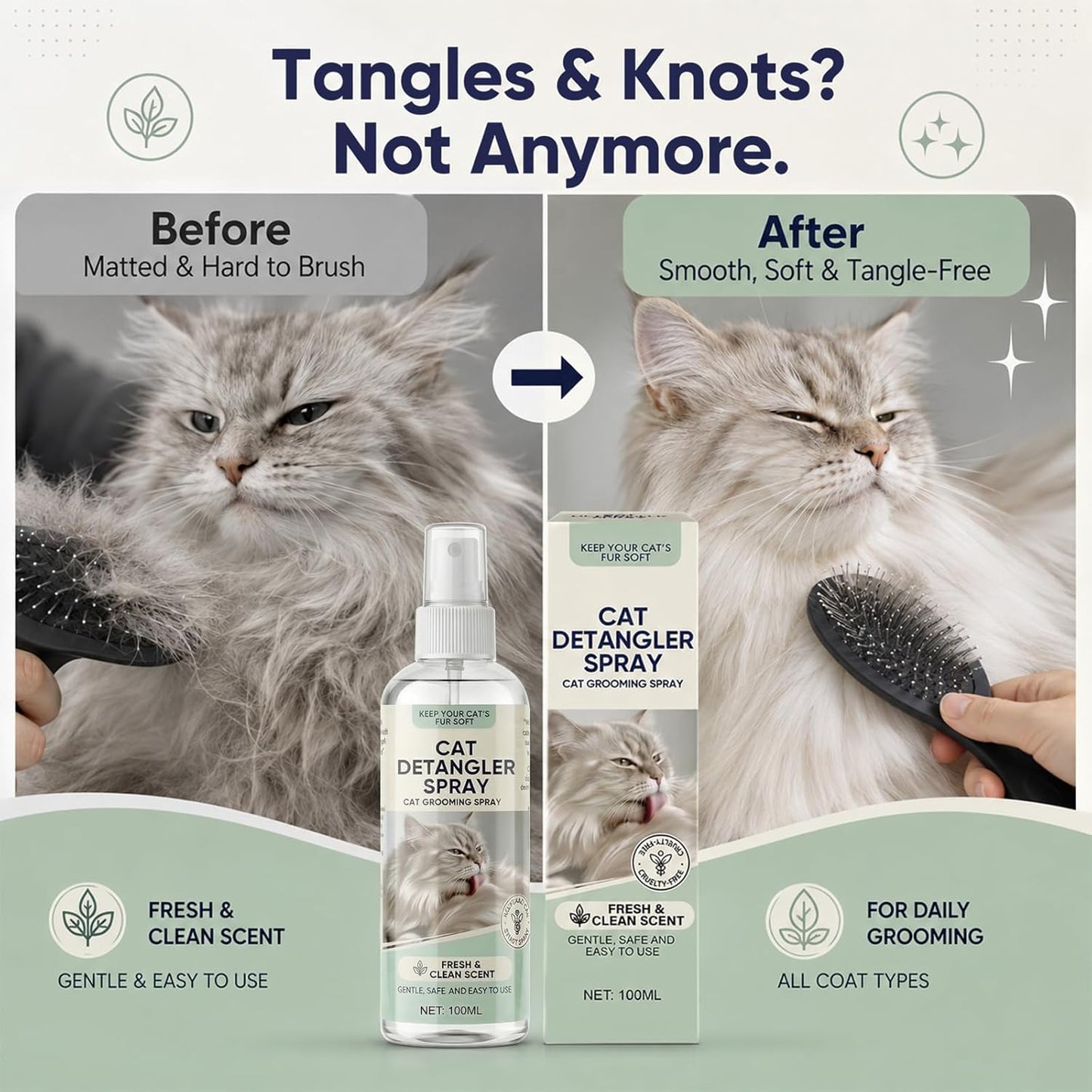 Cat Detangler Spray | Gentle Leave-in Grooming Spray with Aloe Vera & Coconut Oil - Loosens Knots, Reduces Static - 100ml