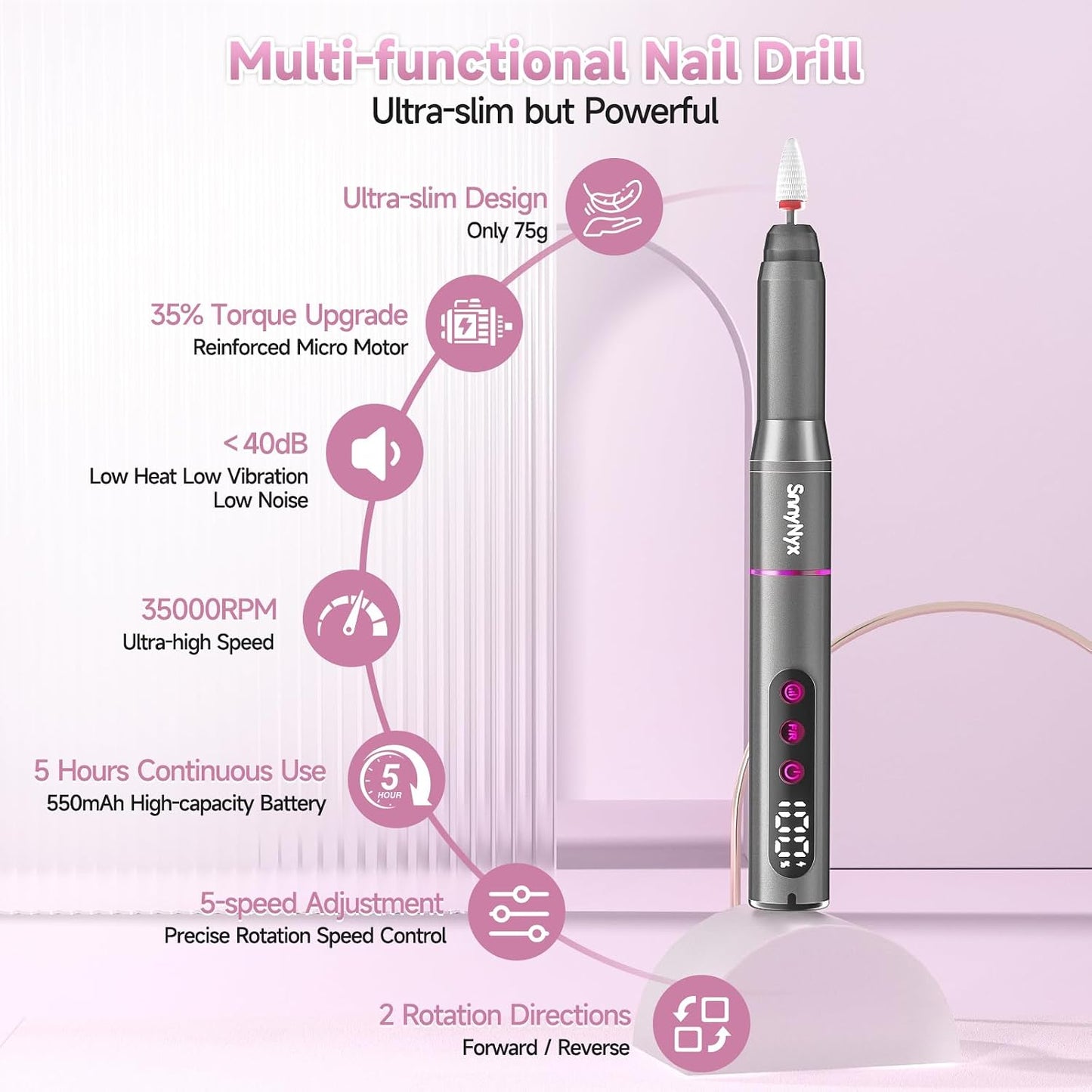 Cordless Electric Nail Drill - 35000 RPM Professional Nail File Kit with LCD Display | 12 Bits & 36 Sanding Bands for Acrylic Gel Nails & Pet Claws (Matte Gray)