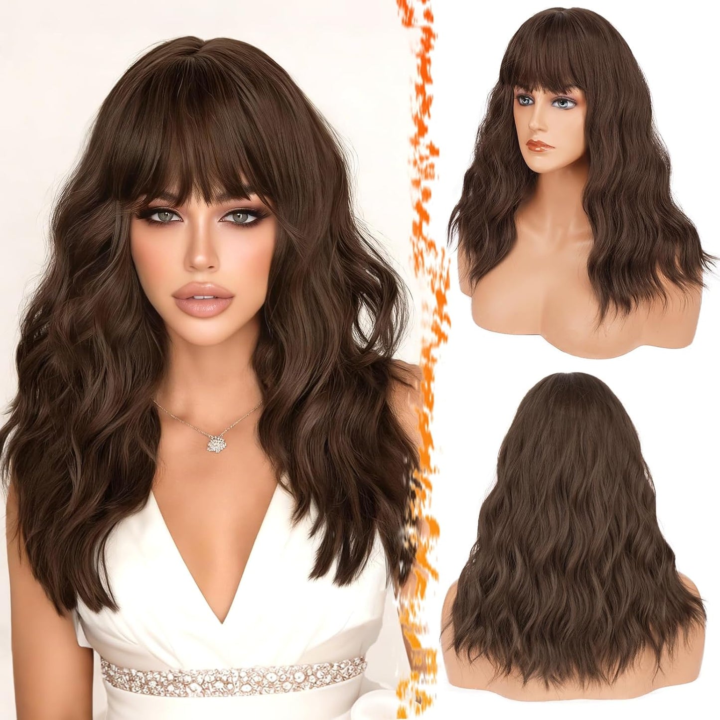 Long Wavy Blonde Curtain Bangs Wig - 26" Synthetic Ombre Wig with Dark Roots | Soft Natural Look