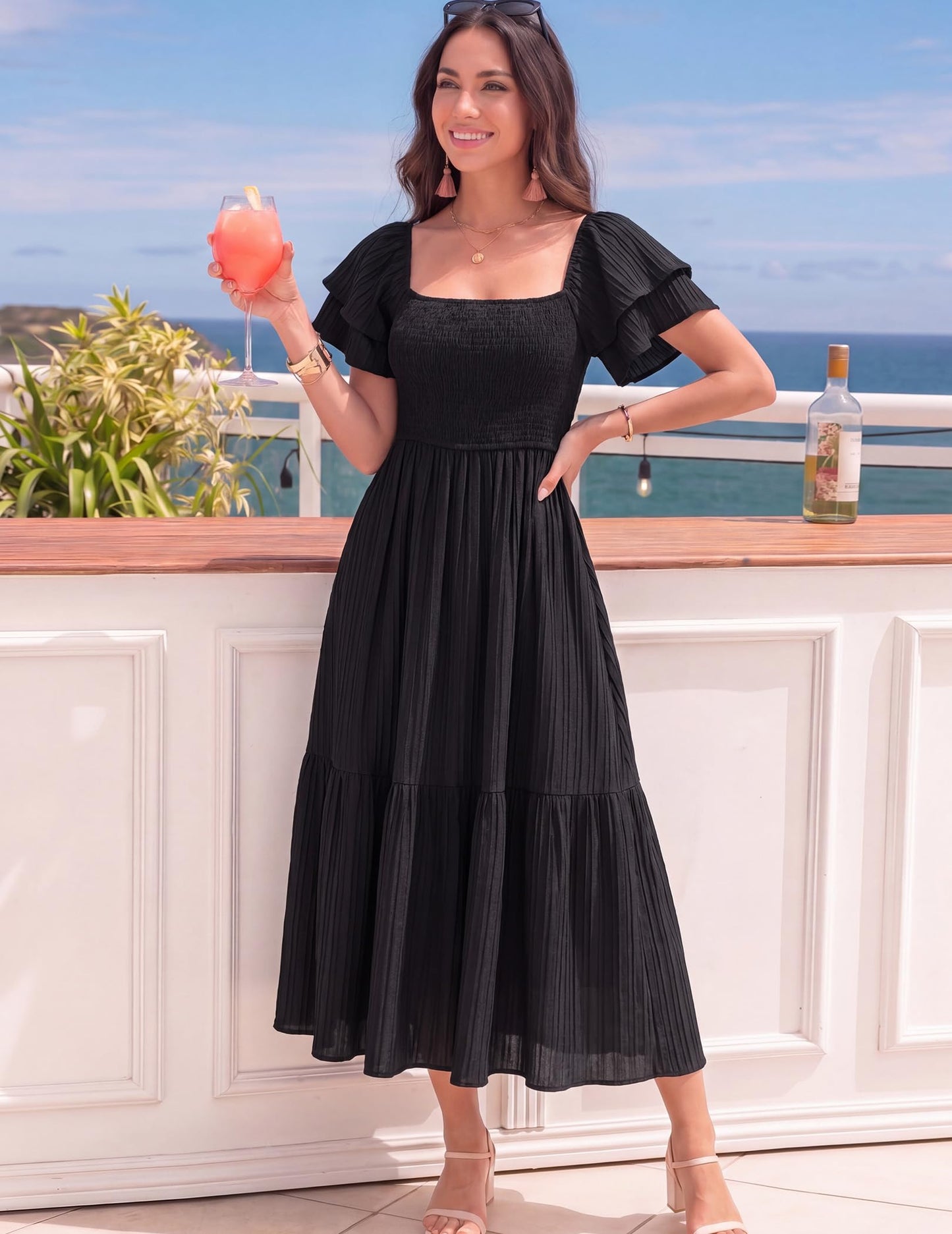 OLICE Women's Summer Midi Dress Short Sleeve Square Neck Off Shoulder Ruffle Elastic High Waist Vacation Dress with Pockets