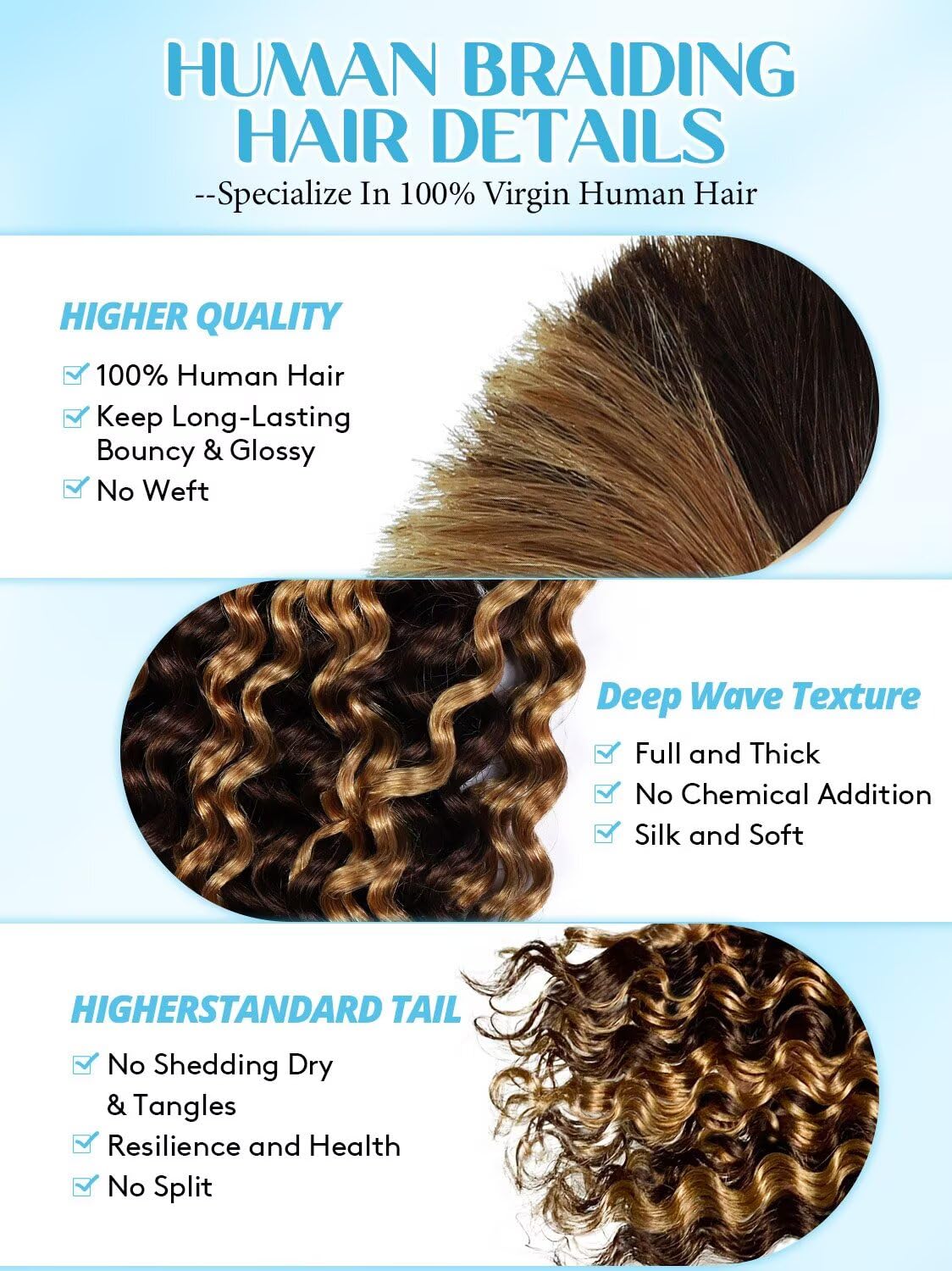Unprocessed Human Hair for Braiding - Curly Bulk Hair Extensions | #4/27 Brown & Honey Blonde Highlights, 28 Inch, 50g Bundle