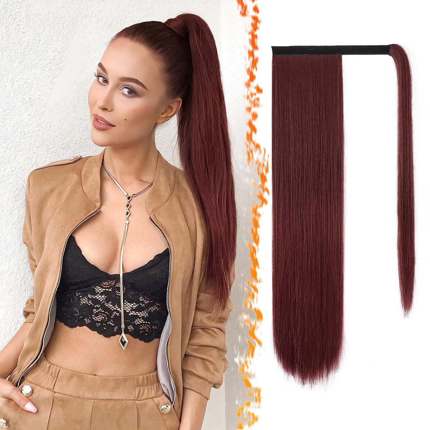 Dark Brown Straight Wrap Ponytail Extension - 24 Inch Clip-In Hairpiece for Black Women | Synthetic Hair