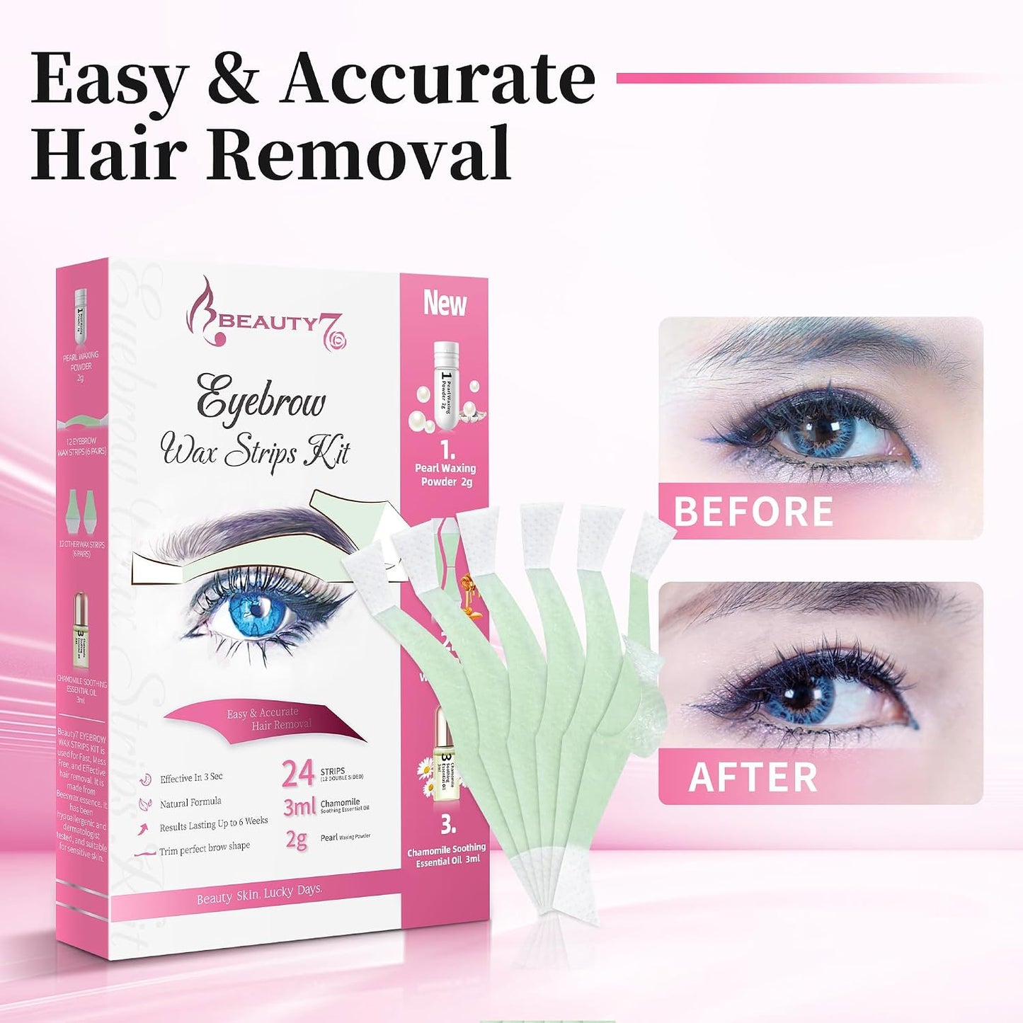 Hair Removal Kit - Eyebrow Wax Strips with Pearl Powder & Essential Oil | 24 Strips for Sensitive Skin