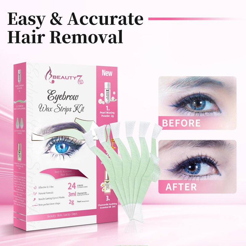 Beauty7 Hair Removal Kit, Eyebrow Wax Strips Kit Facial Wax Strips 24 Strips with Pearl Powder Essential Oil for Sensitive All Skin Types Women