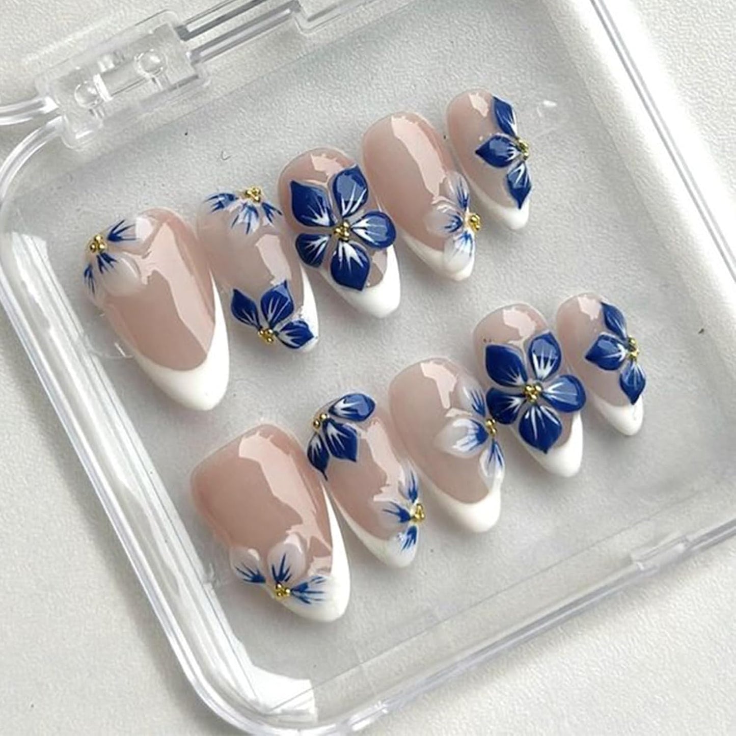 Medium Almond French Tip Press-On Nails - 3D Hibiscus & Gold Starfish Design | 24 Pcs Glossy Summer Acrylics