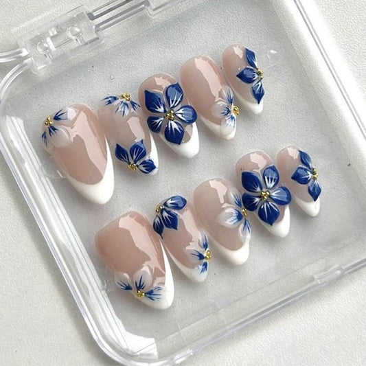 24Pcs White French Tip Press on Nails Medium Almond 3D Flower Fake Nails with Gold Pearl Designs Glossy Artificial Acrylic Full Cover False Nails Blue Floral Nails Summer Press ons for Women Manicure